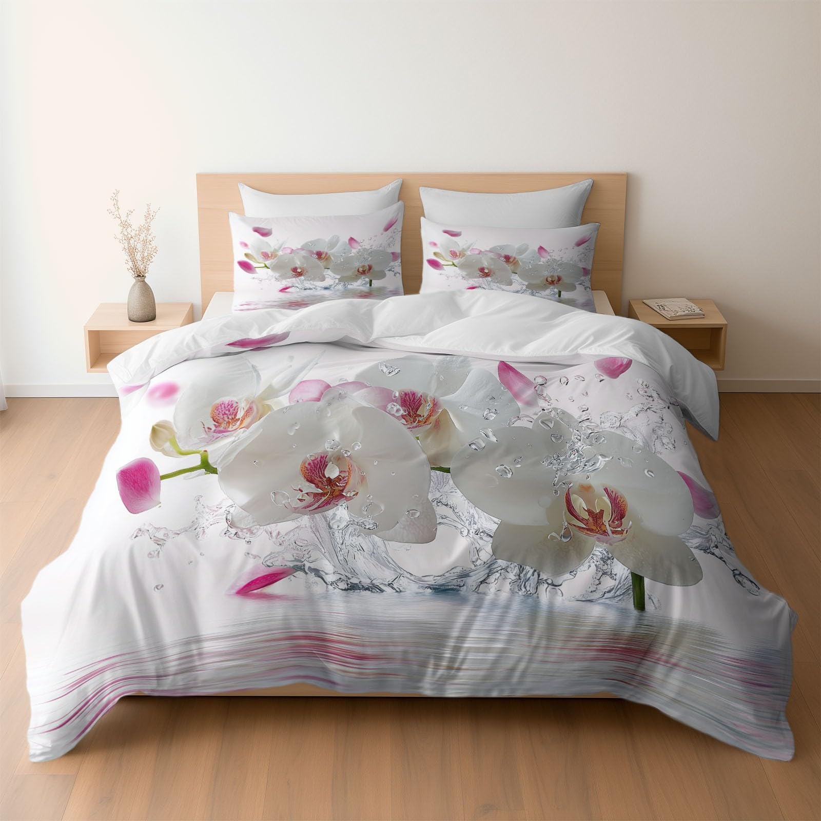 Housse de couette 220x240 cm blanche en microfibre motif orchidée