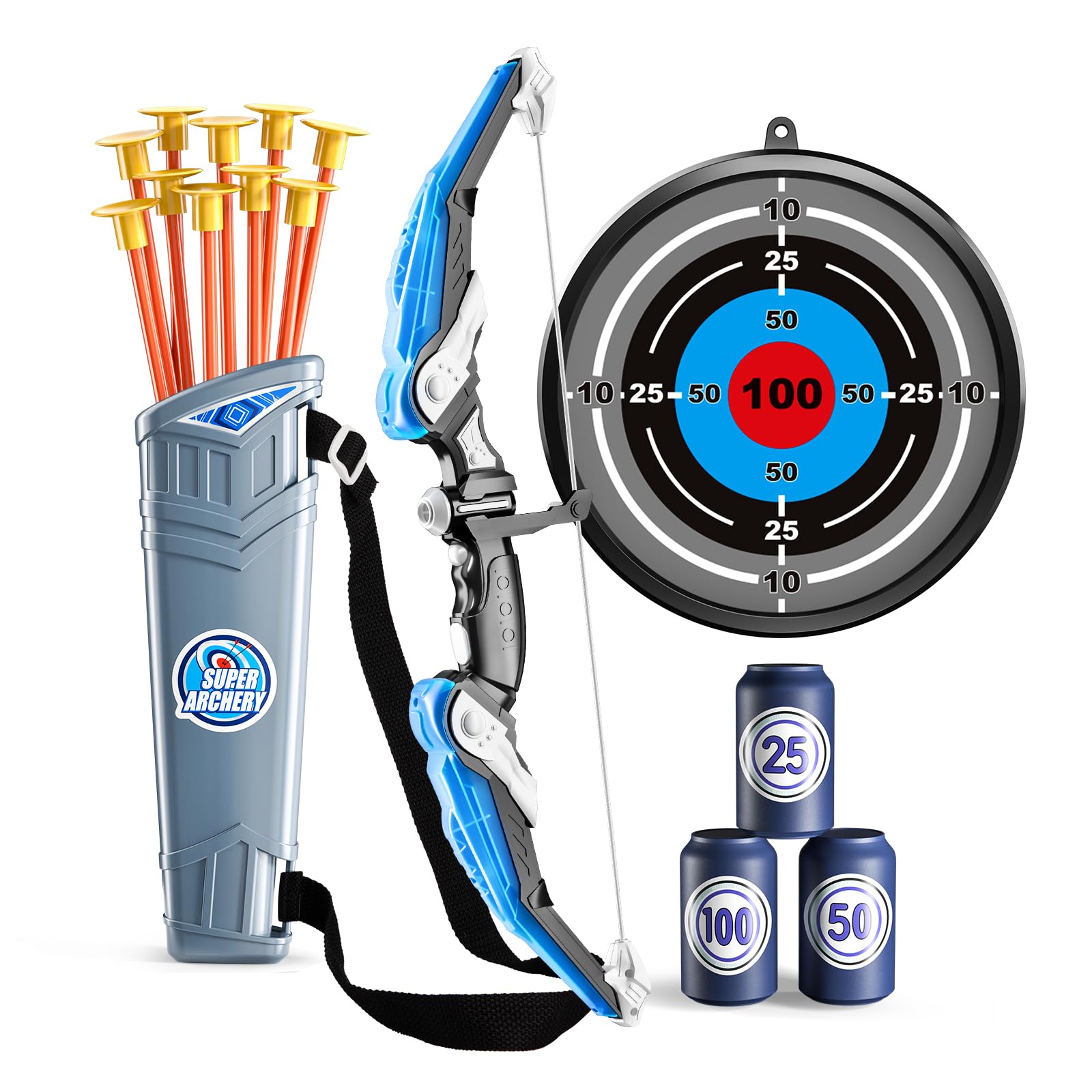 TEMI Bow and Arrow Set for Kids - Archery Toy Set - LED Light Up with Suction Cup Arrows, Target &amp; Quiver, Indoor and Outdoor Toys for Children Boys Girls