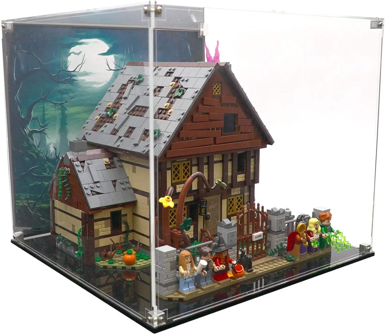 Display Case Compatible with Lego Set 21341 - Disney Hocus Pocus: The Sanderson Sisters' Cottage - Acrylic Dustproof Showcase with Pre-Printed Background - Set Not Included