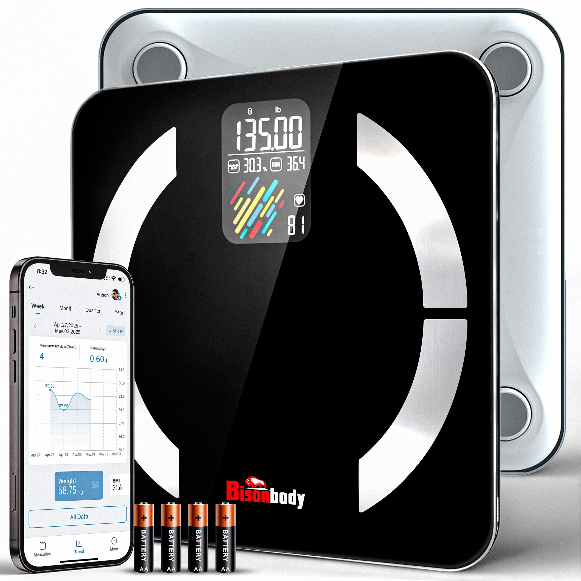 Bisonbody Smart Digital Bathroom Body Scale | Large Display Accurate Result | 22 Metrics Including Cardiac Index, Heart Rate, Body Fat, Lean Body Mass