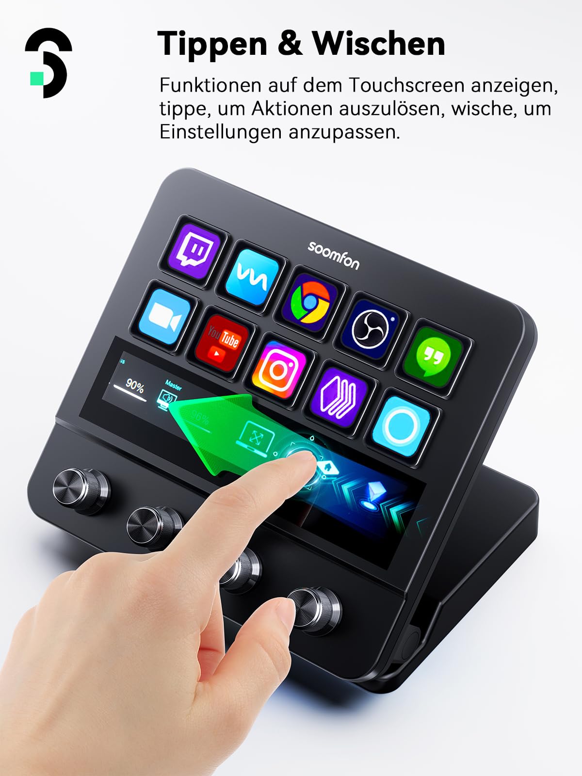 SOOMFON Stream Controller Deck, 10 Makrotasten 4 Drehknöpfen & Touchscreen | 2X USB-A&USB-C, kompatibel mit OBS, Voicemod, Twitch, PS, Youtube, ETS, ideal für Streaming Gaming Creator, Mac & Windows