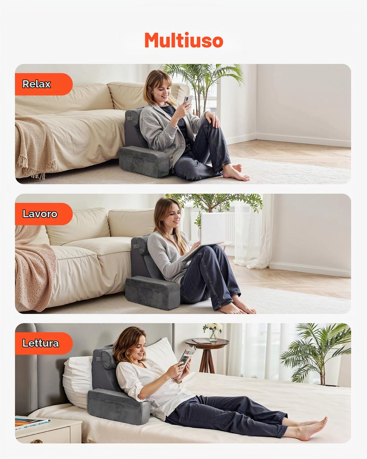 VEVOR Cuscino da Lettura per Schienale del Letto con Braccioli e 3 Tasche, Grande Cuscino da Letto con Supporto per Collo Rimovibile e Spugna 25D, per Leggere, Giocare, Riposare, Lavorare, Grigio
