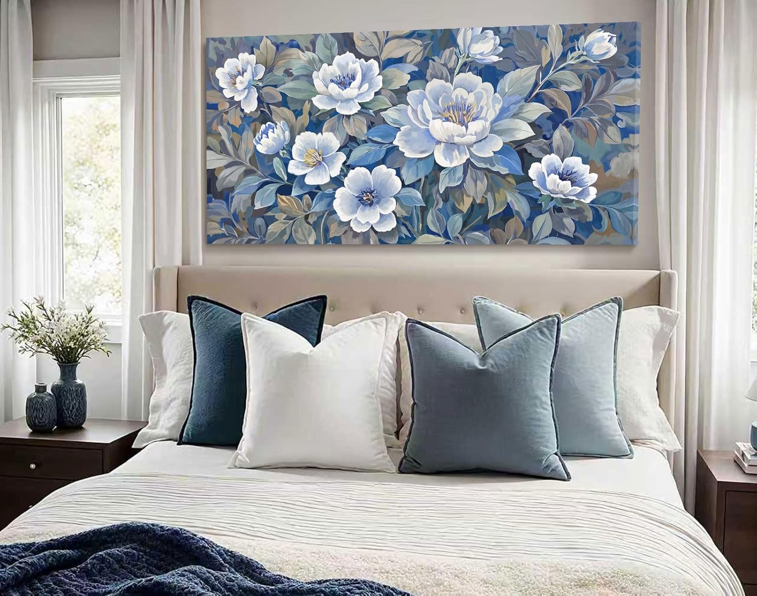 ARTZON Large Wall Art for Living Room Botanical Flower Canvas Print Blue and White Grey Floral Peony Artwork Modern Spring Leaf Plant Picture Home Women Bedroom Dining Room Office Decor 48x24 Inch