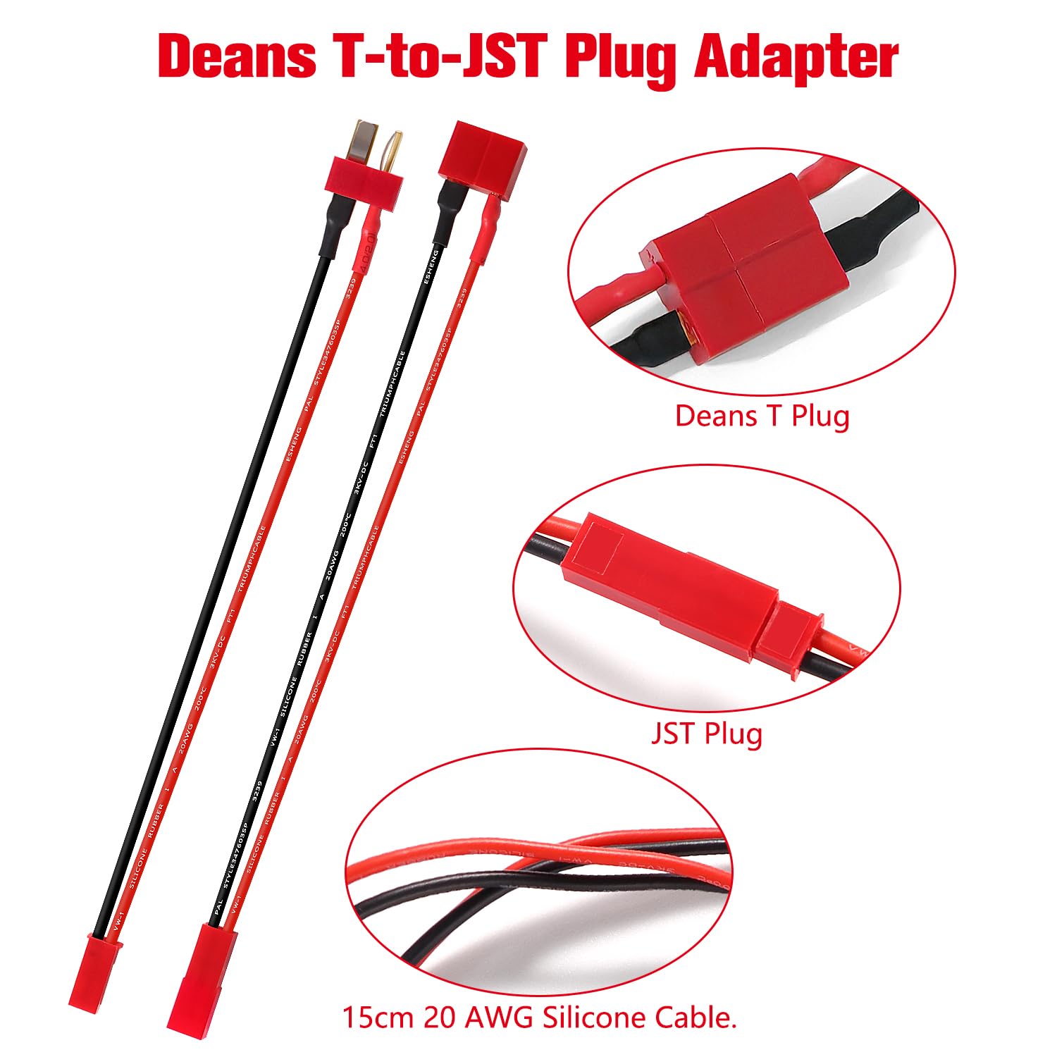 YIXISI 4 Sztuk Deans T do JST Adapter Kabla Wtykowego, Wtyczka JST do Złącza Wtykowego Deans T z 15cm Kablem Silikonowym 20AWG, do Pojazdów RC i Akumulatorów LiPo