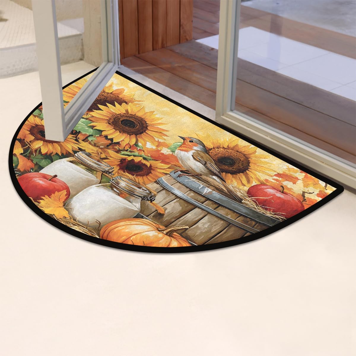 Half Round Door Mat Sunflower Fall Pumpkin Non Slip Absorbent Semi Circle Area Rugs Washable Half Moon Floor Mats for Indoor Outdoor Patio Kitchen Bathroom Entryway Fireplace Home Carpet Decor