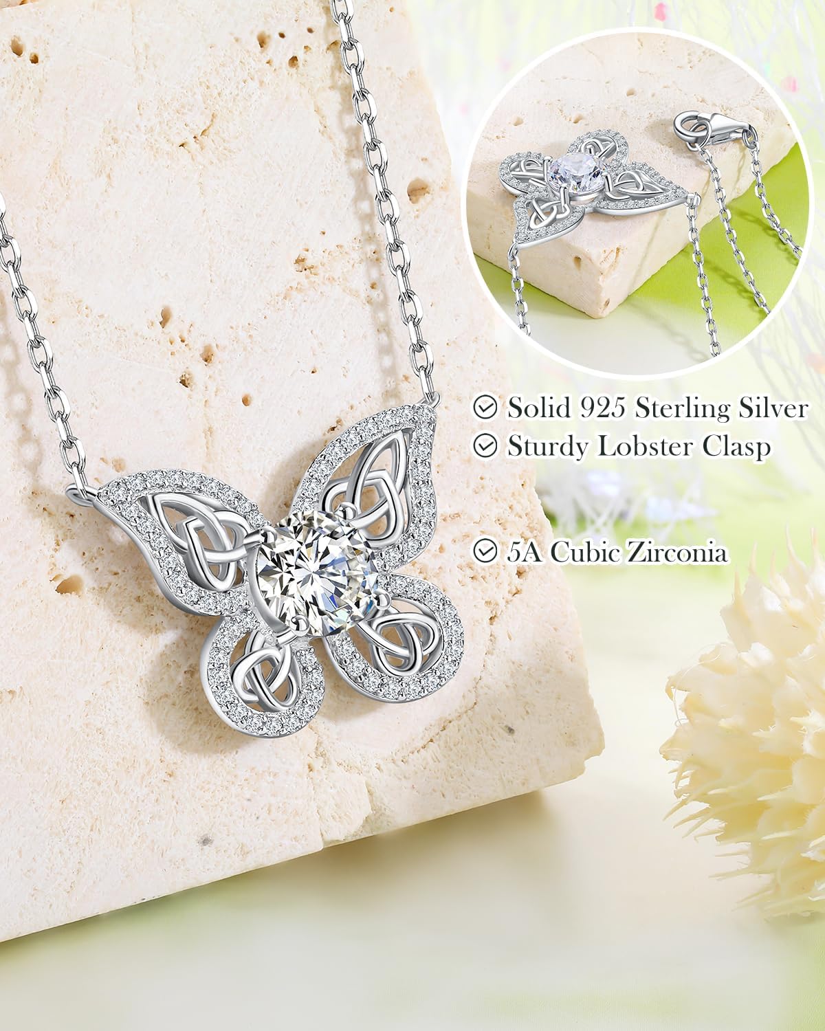 Sterling Silver Celtic Knot Butterfly Necklace with Birthstone for Women Good Luck Pendant Necklace Fashion Party Birthday Jewelry (with Gift Box) - Image 3