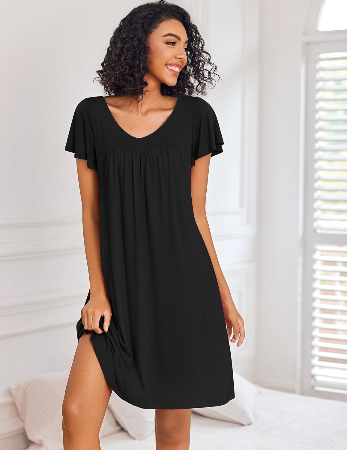 Ekouaer Nightgowns for Women Short Sleeve Sleep Shirts Pleated Night Dress V Neck Night Shirts Soft House Dress - Image 3