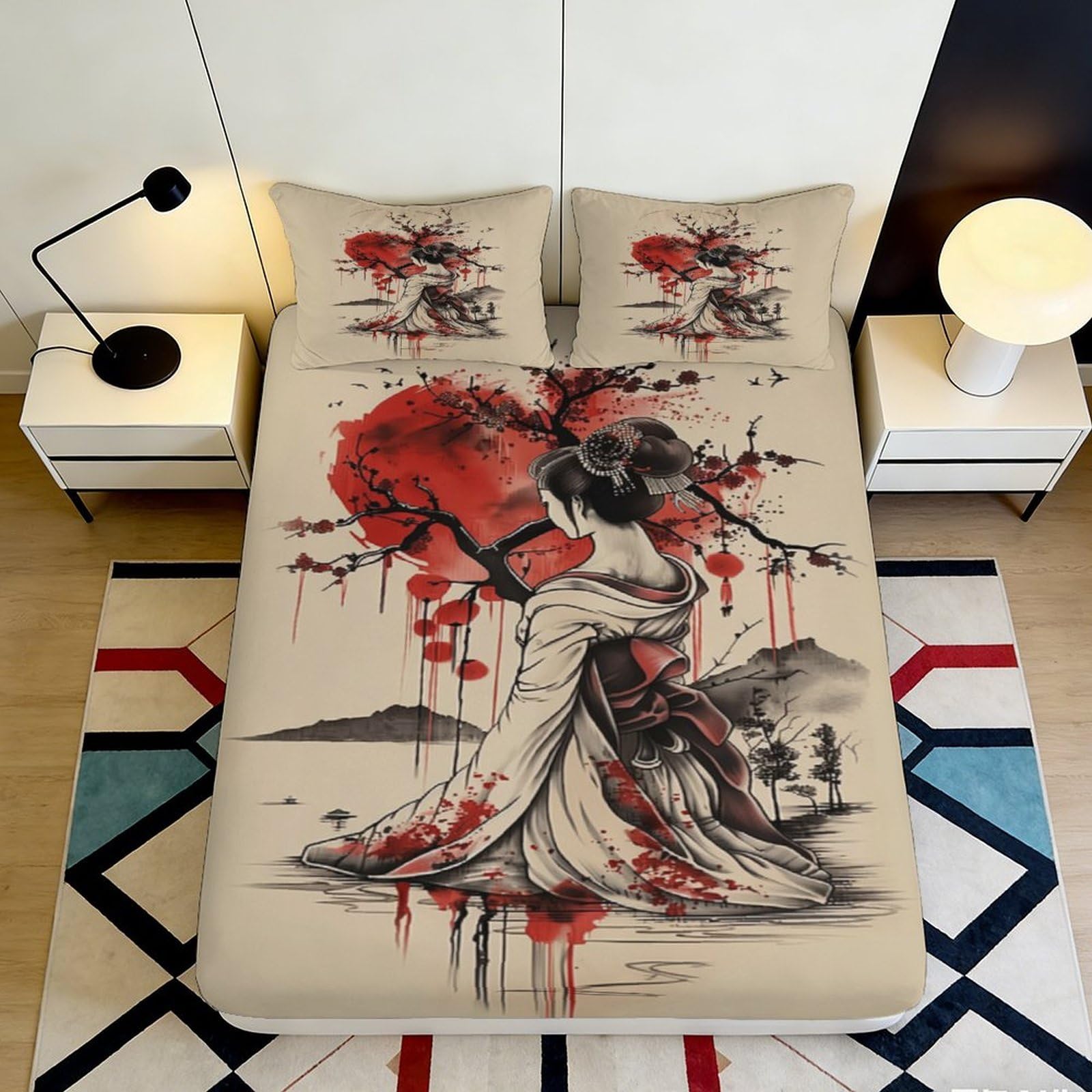 Pnayamiorkfel Style-10 3D Printed Japanese Geisha Cherry Blossom Fitted Sheet Microfiber Soft Bed Cover For Bedroom Guestroom Decor 90X200x25cm