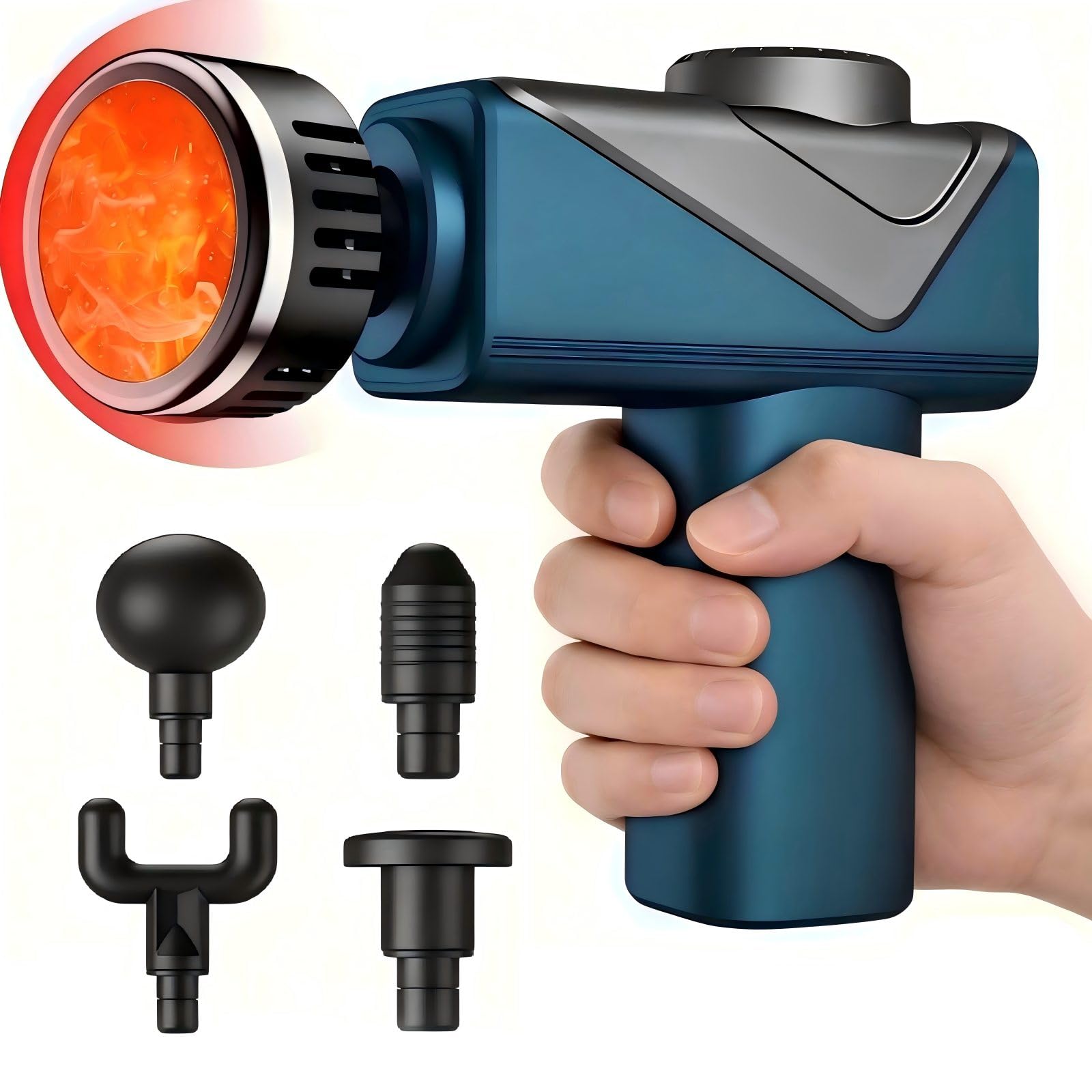 Pistola de masaje con calor, masajeador de mano compacto para el hogar, la oficina y el gimnasio, mini pistola de masaje con 5 cabezales de masaje, silenciosa y portátil