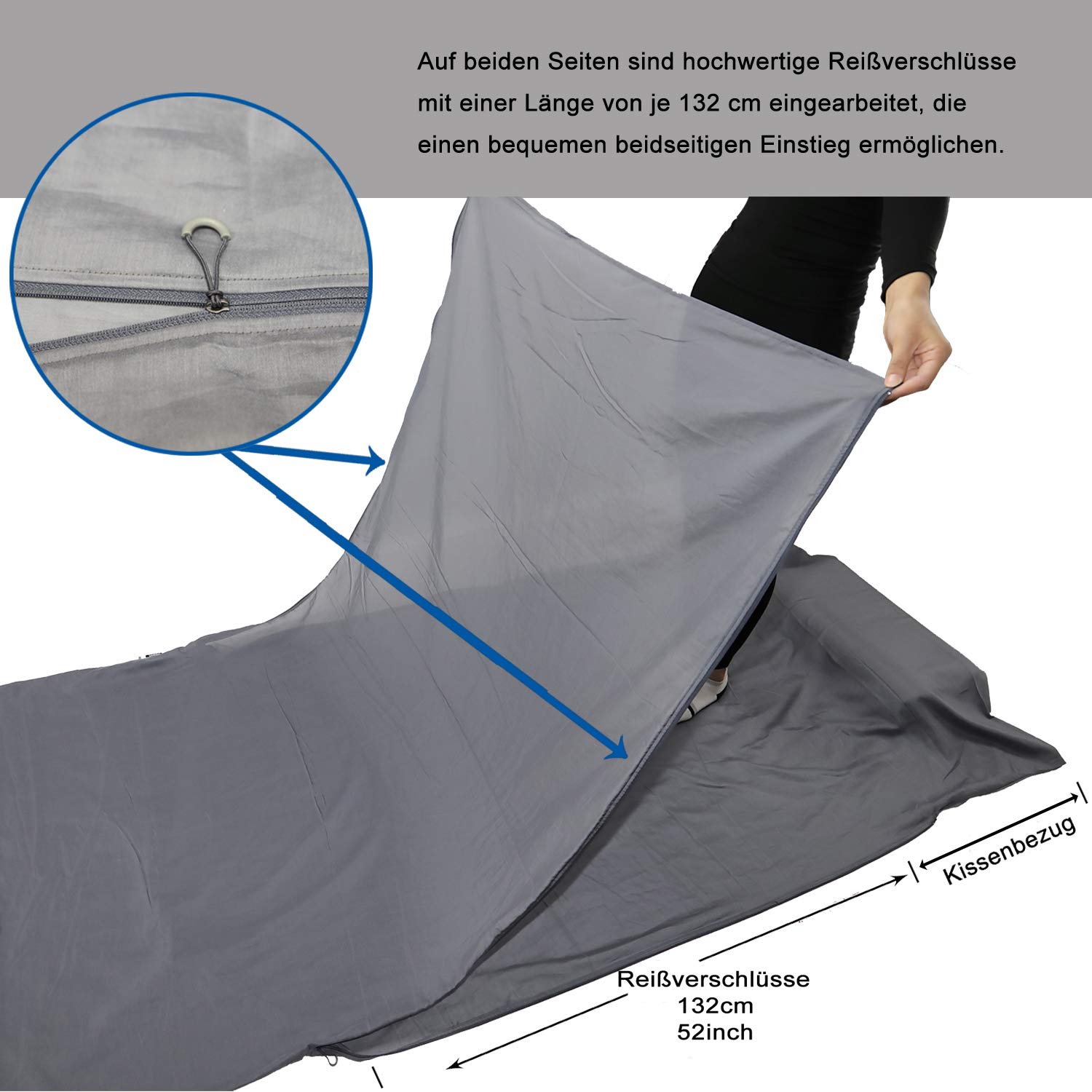 BROWINT Schlafsack Inlett aus Seide/Baumwolle, Reiseschlafsack mit Doppeltem Reißverschluss und Kissenfach, 220cm X 110cm Extrabreite Hüttenschlafsack für Hostels, Lnlay Leicht, Kompakt & Atmungsaktiv