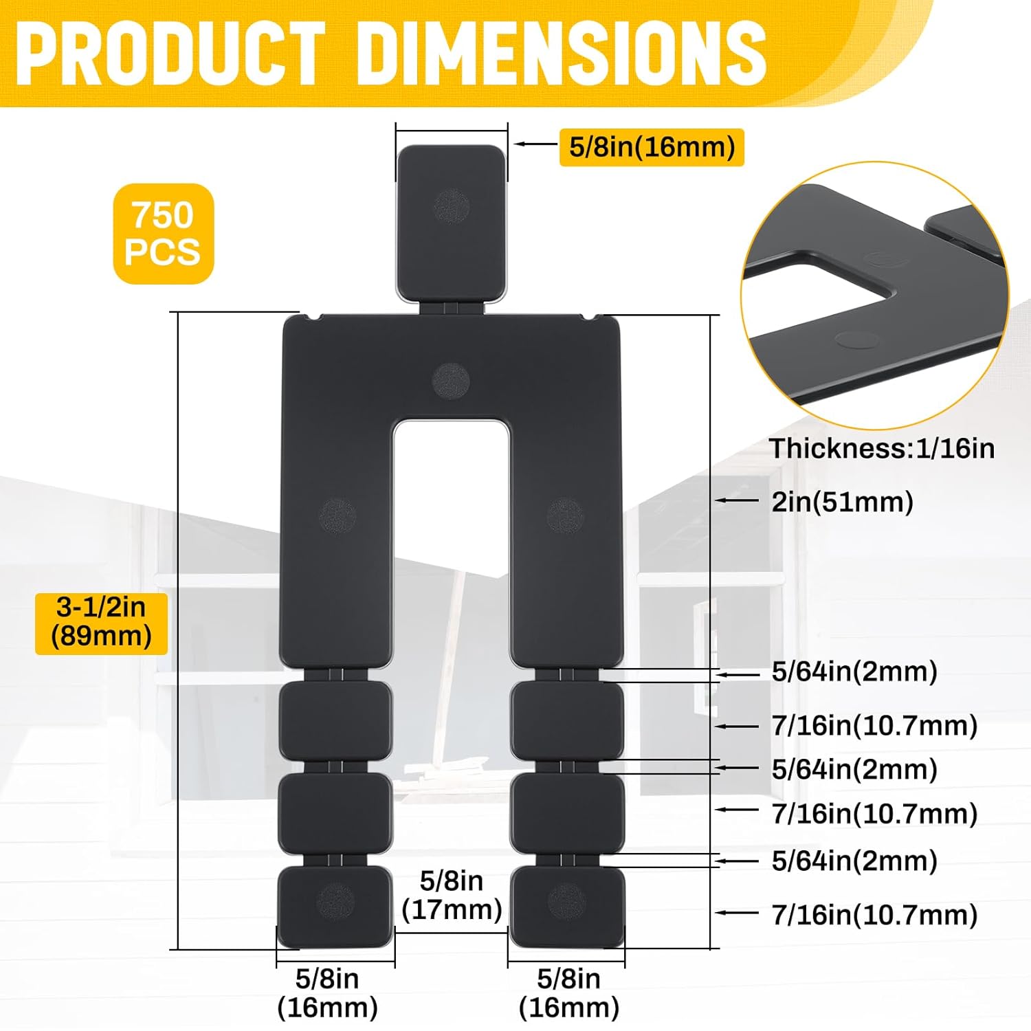750 Pcs 1/16" x 3-1/2" Stack Shims Bulk Stackable Black Shims for Windows & Doors