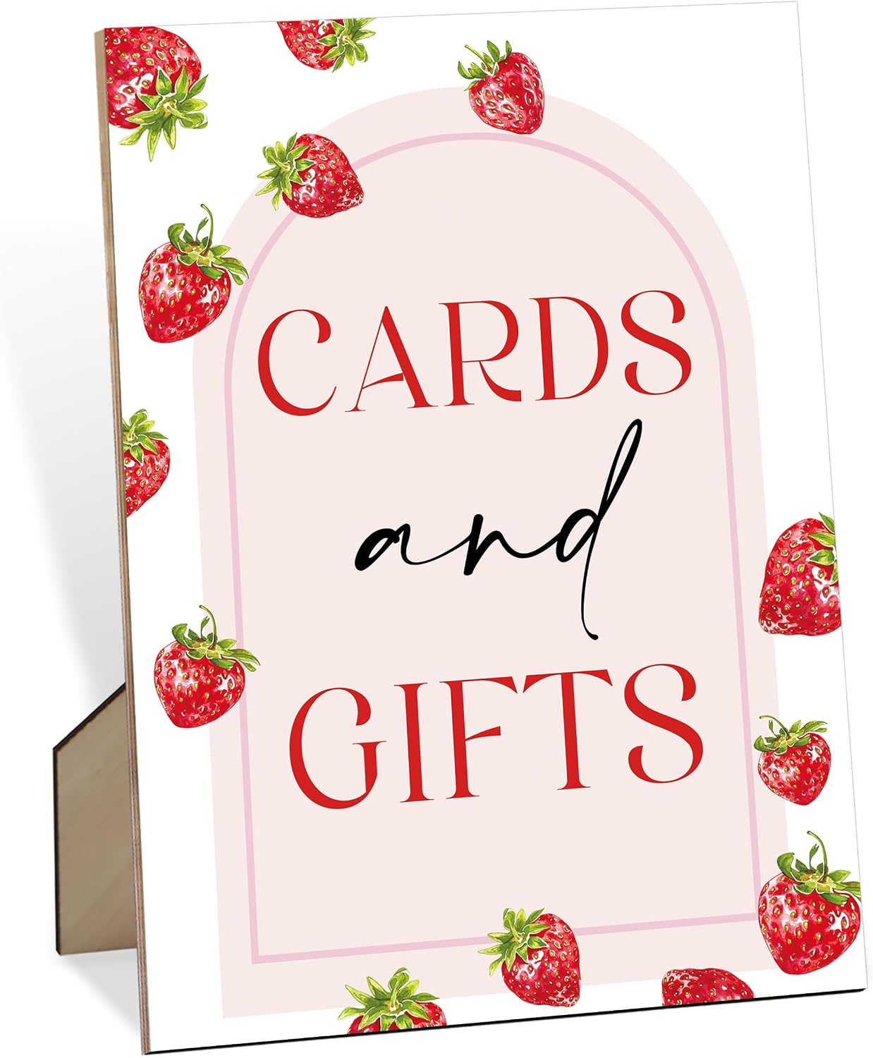 Strawberry Baby Shower Decorations - Cards and Gifts Sign, 5.6x 7.8 Inch Gift Table Wood Sign with Stand, Berry Baby Shower Decorations for Bridal Shower Engagement Gender Reveal Party Supplies
