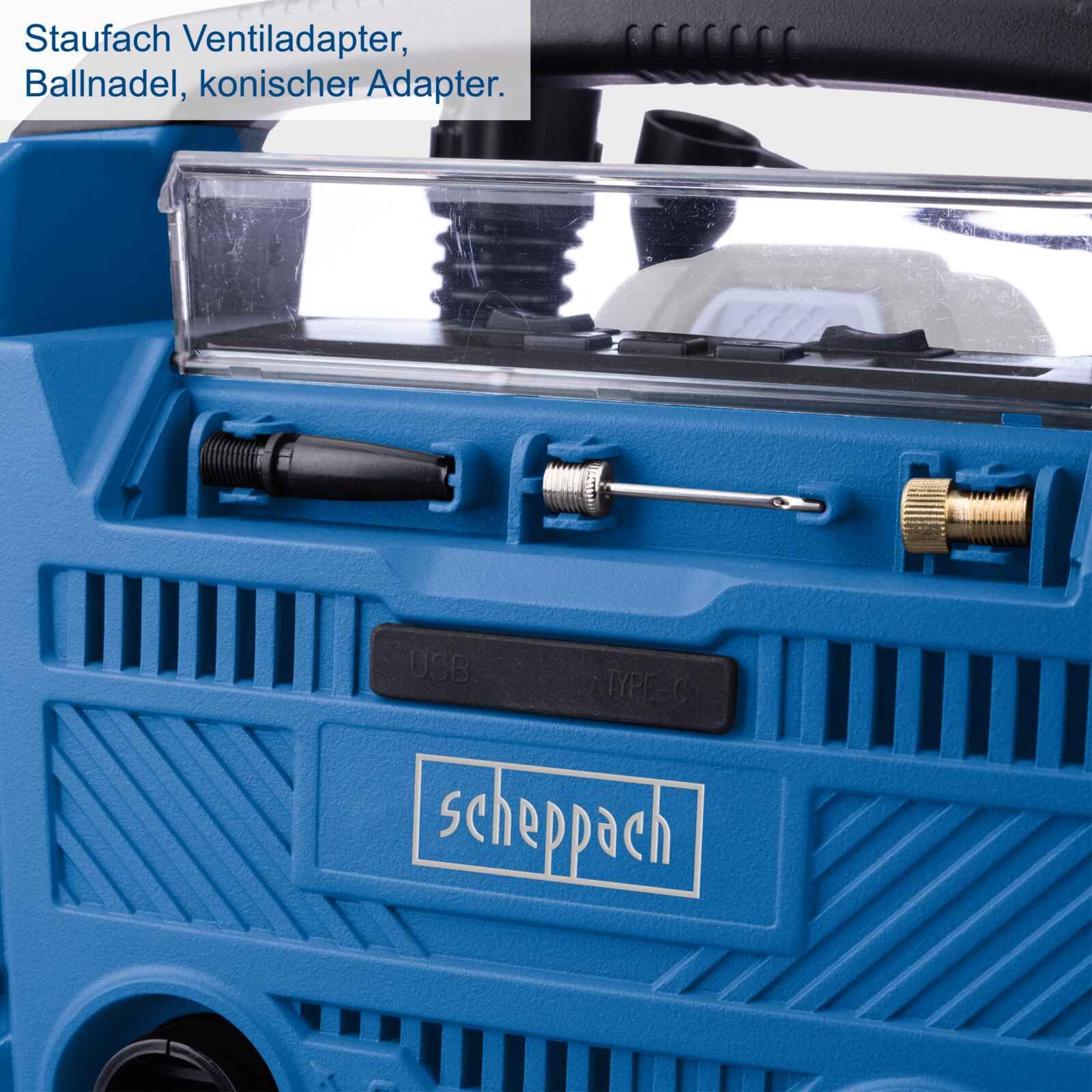 Scheppach Akku Kompressor Airforce 6 | Luftleistung 21 L/min | Arbeitsdruck 10,3bar | 3 Antriebsarten 230V/20V/12V (PKW) | USB-A & USB-C | 20V-IXES-Serie | 10 Jahre Garantie | Ohne Akku & Ladegerät