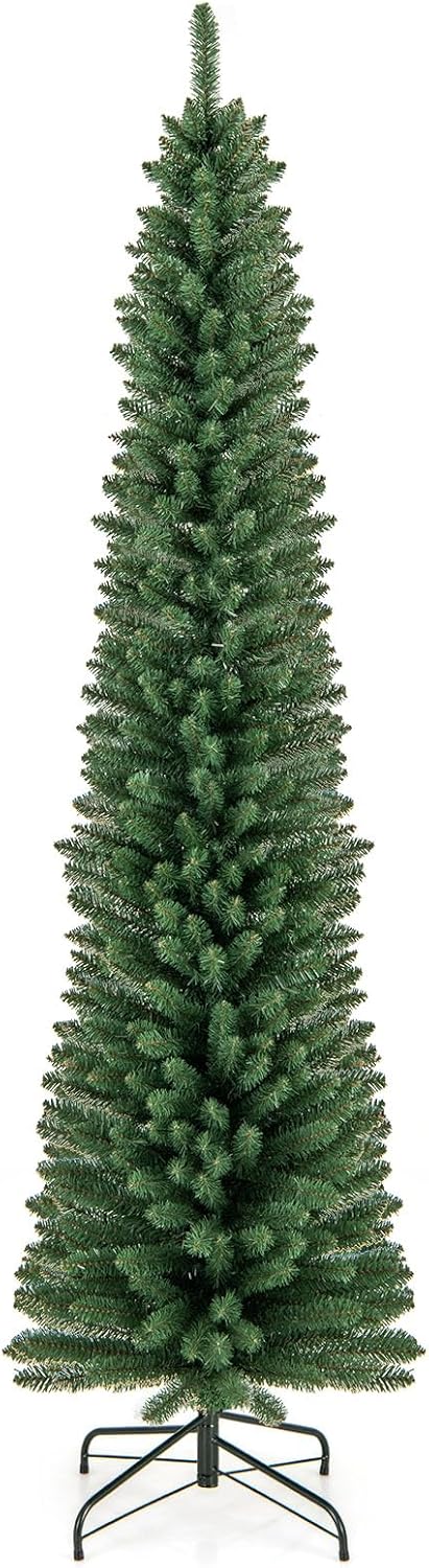 Goplus 7ft Slim Pencil Christmas Tree, Artificial Skinny Xmas Tree with Quick Shape Technology, 523 Lush Branch Tips, Foldable Metal Stand, Slender Corner Holiday Tree, Home Office Party Decoration
