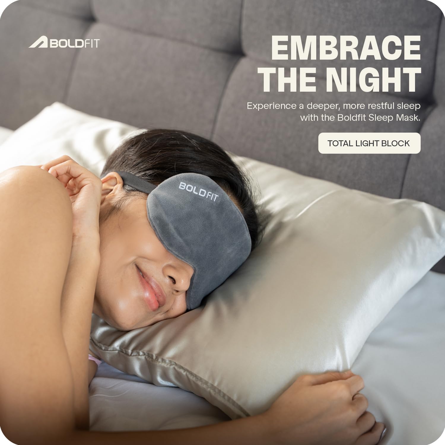 Boldfit Eye Mask for Sleeping – Super Soft, Adjustable Strap, Light Blocking, Travel Friendly, Comfortable Blindfold for Women & Girls-Grey