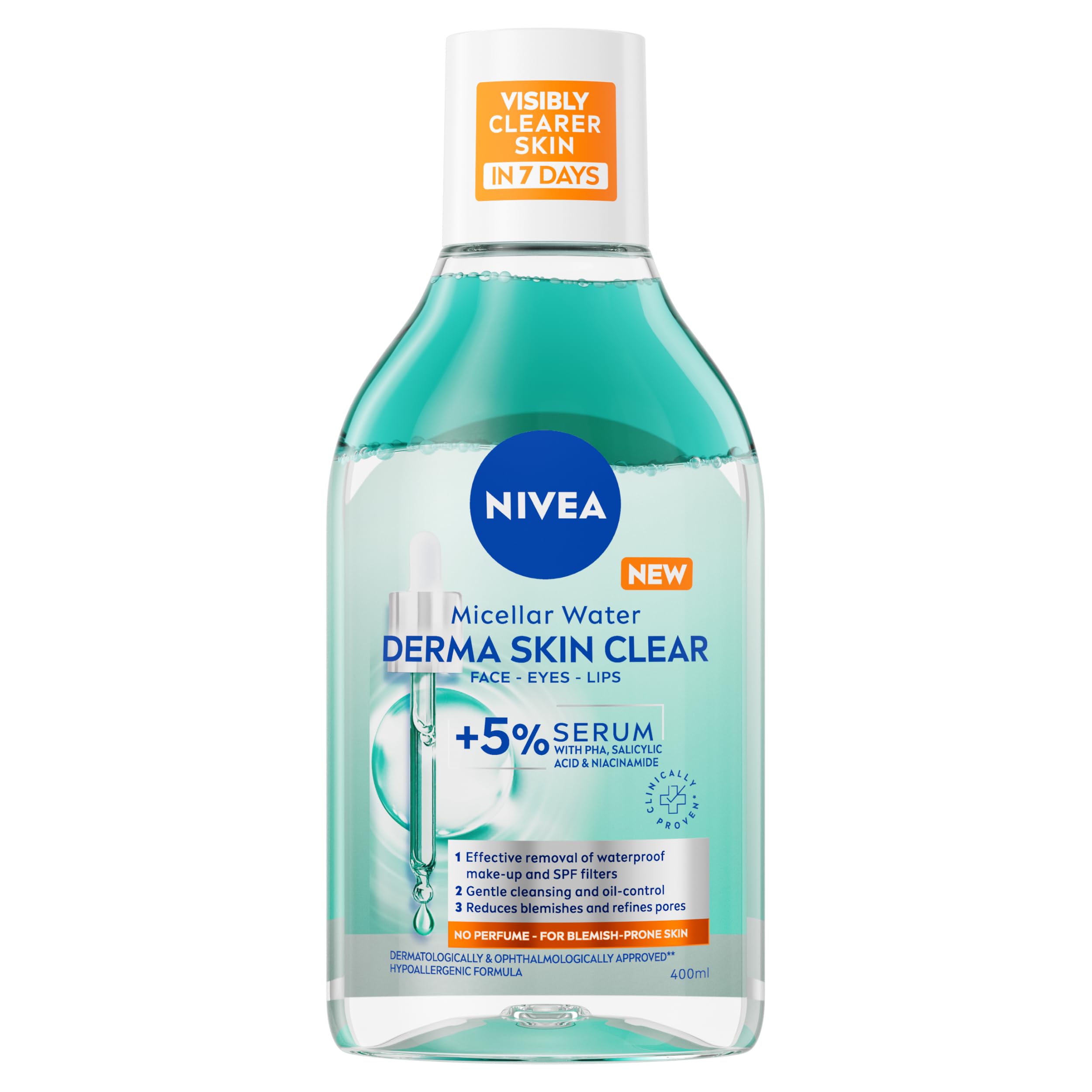 NIVEA Derma Skin Clear Serum-Infused Micellar Water (400ml), Face Cleanser for Blemish-Prone Skin, Makeup Remover Featuring 5% Serum with PHA, Salicylic Acid, and Niacinamide
