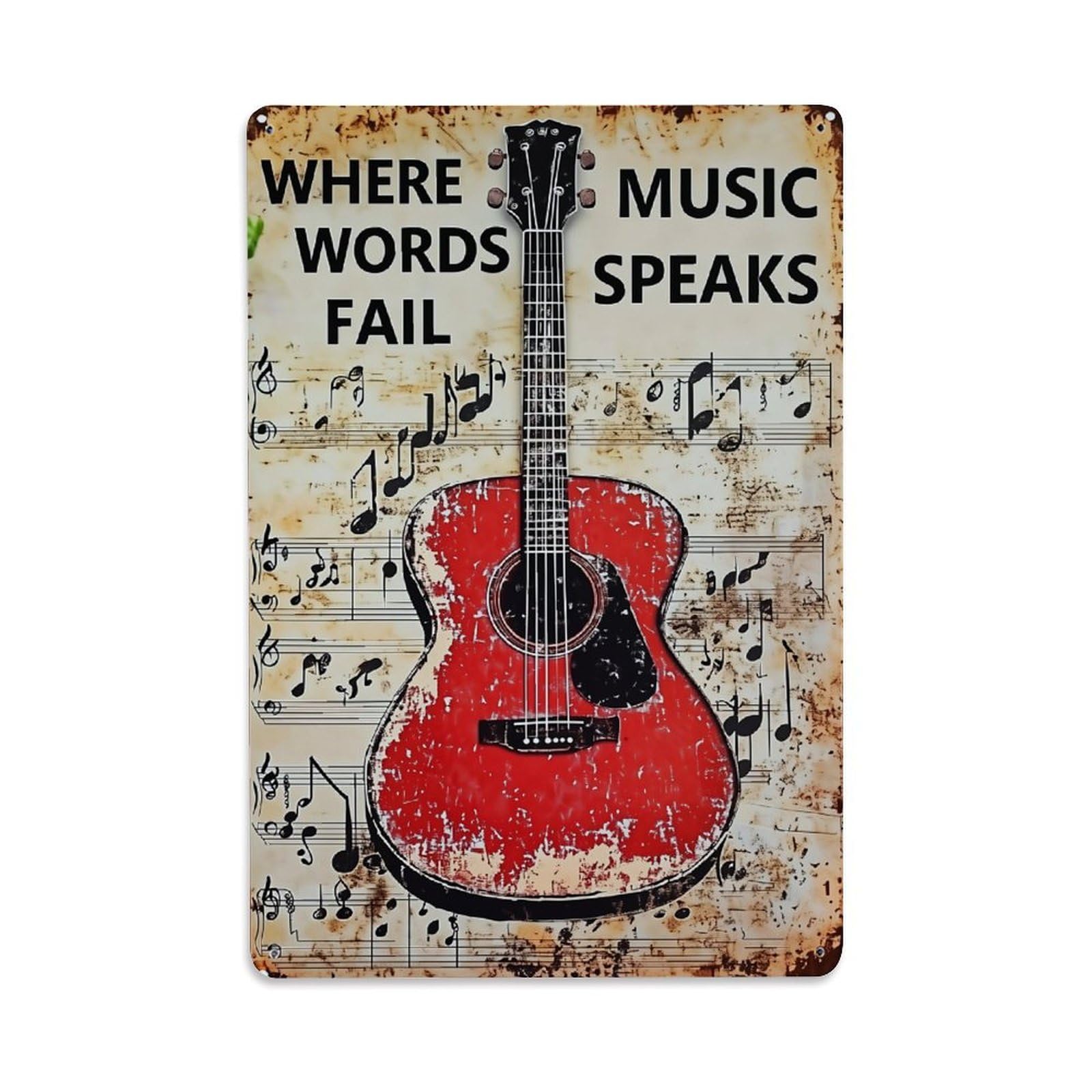 Jdfenggu Vintage Red Guitar Music Notes Background Retro Metal Tin Sign, Decor Art Poster For Bar, Home, Man Cave, Kitchen, Laundry Room Gift 8X12inch