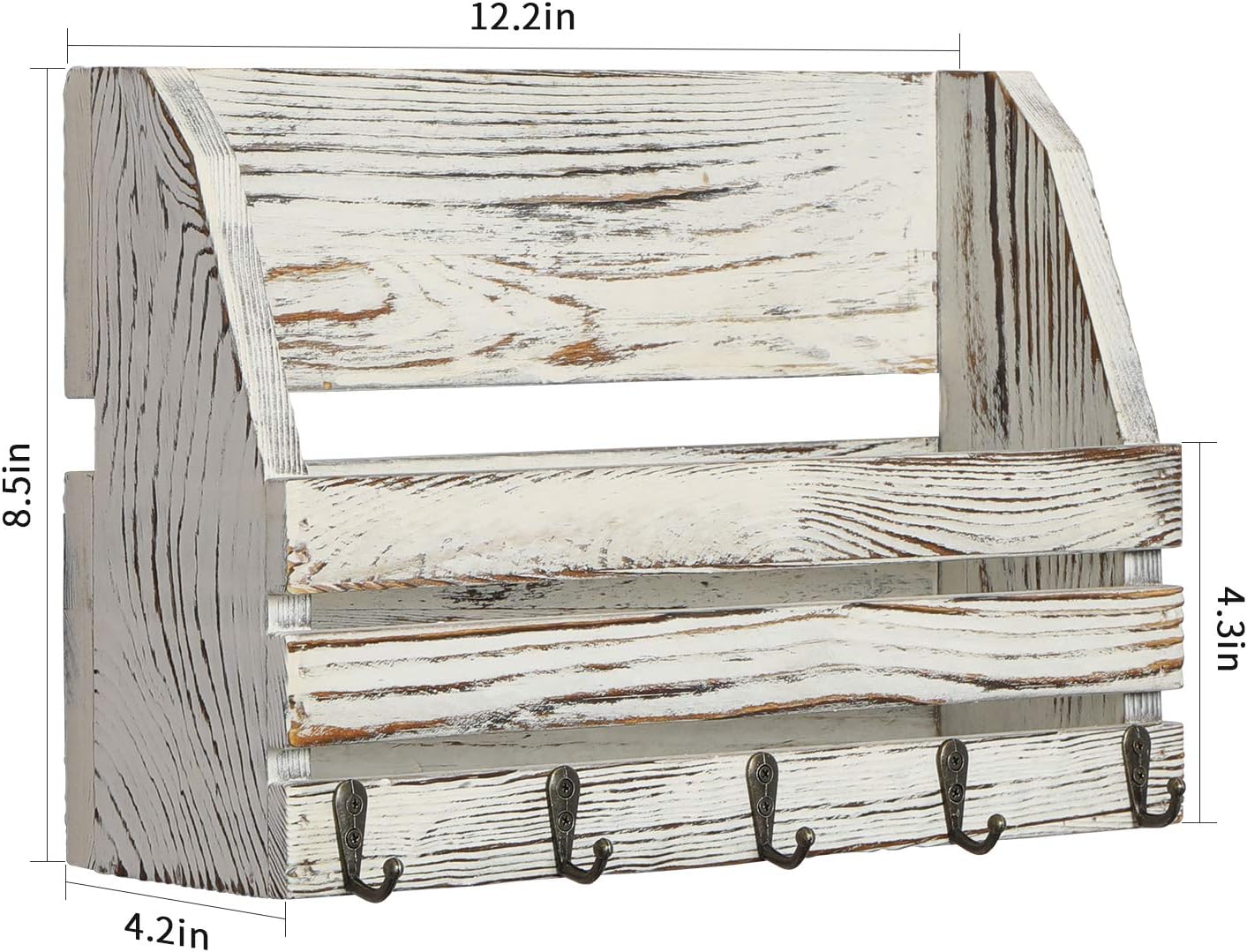 OROPY Rustic Wood Mail Holder with 5 Key Hooks, Pine Wood Entryway Wall Organizer for Letter, Magazines, Keys, Leashes, Rustic White