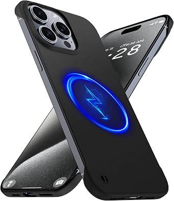 GRECAZO Magnetic Slim Frameless Case for iPhone 15 Pro Max, Black | Compatible with MagSafe, Soft-Touch Matte Hard PC Cover, Ultra Thin Lightweight Minimalist, Pull Ring Lanyard, 6.7 Inch
