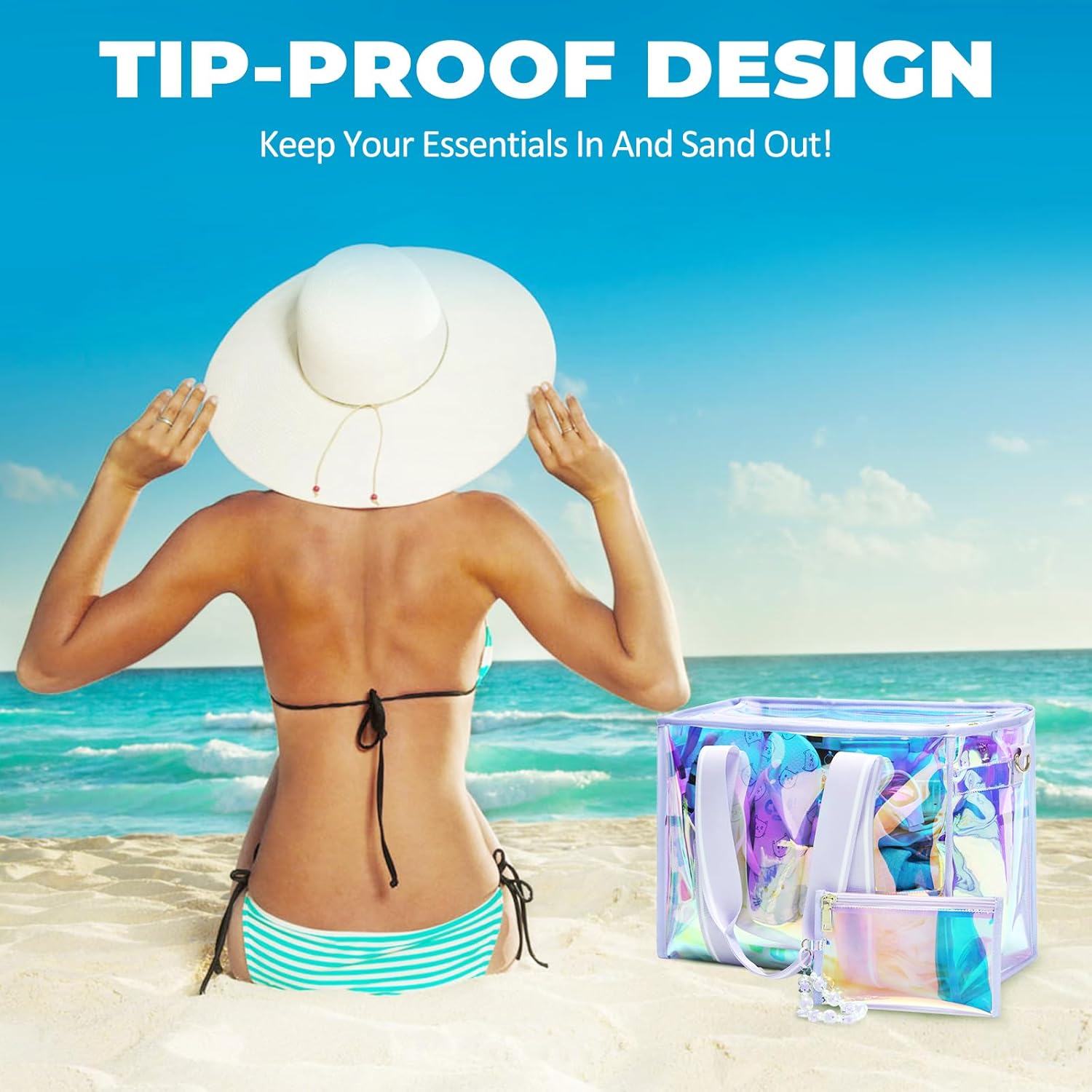 Sisipoet Large Beach Tote Bags for Women, 26L Iridescent Clear Tote Bag, Waterproof Tip-Proof Tote Bag for Beach, Gym