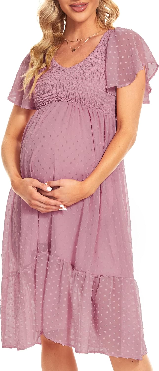 Swiss Dot Smocked Maternity Dress/V Neck Flutter Sleeve Midi Dress for Baby Shower Wedding Guest Photoshoot
