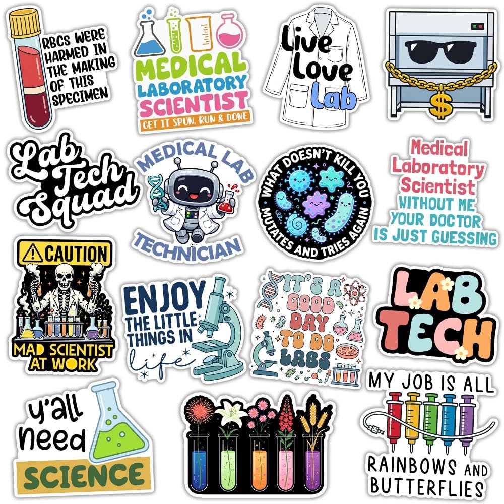 MAIANEY (15Pcs, 3in) Lab Tech Stickers Pack – Funny Medical Laboratory Scientist Stickers for Lab Technician Microscope Science Vinyl Decals for Laptop Water Bottle Journal