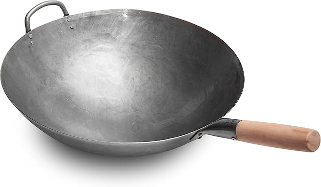 Craft Wok Big 16 Inch Heavy Hand Hammered Carbon Steel Pow Wok with Wooden and Steel Helper Handle (Round Bottom) / 731W138
