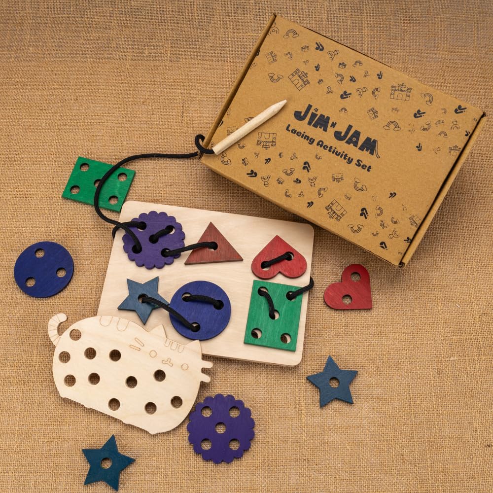 Jim N Jam | Lacing Wooden Activity Set with Wooden Needle |Sewing Toy Set |Cat and Wooden Board with 6 Colored Wooden Shapes for Kids, Boys & Girls | Toys and Gifts for Toddlers (2+ Year olds) (B0CCYPPMDZ) Amazon Price History, Amazon Price Tracker