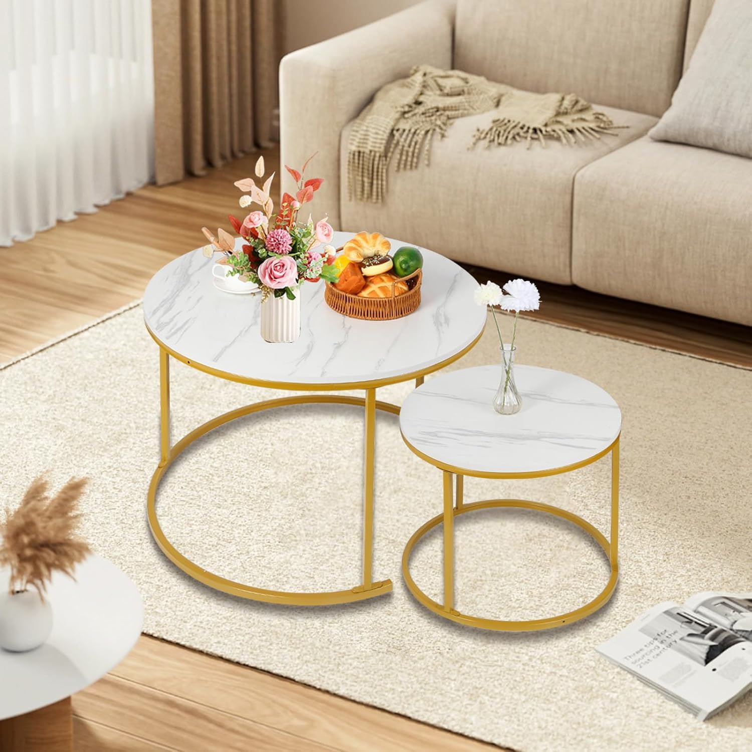 Nowoczesne stoliki kawowe ze sztucznego marmuru zestaw 2 stylowych końcówek do małych przestrzeni idealny salon sypialnia lub balkon 58 cm x 58 cm x 35 cm i 79 cm x 79 cm x 43 cm