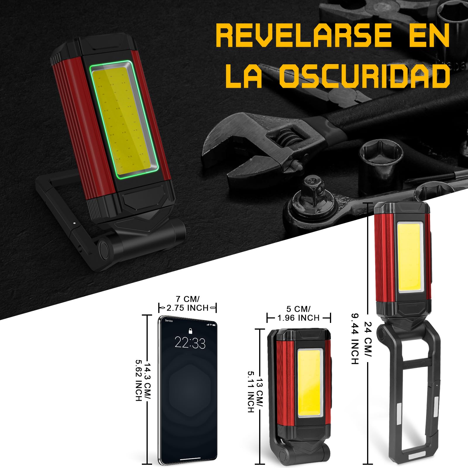 SPORWAY Linterna de Trabajo Led Recargable, Luz Portatil Taller Lampara de Trabajor Banco Energía Linterna Mecanico USB con Base Magnético y Gancho para Hogar, Automóviles, Camping, Emergencia