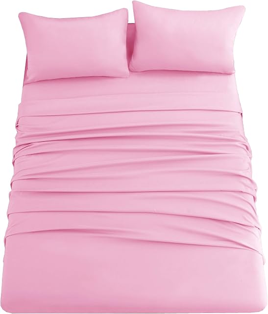 Ghooss Feuille de lit rose avec poche profonde, super doux microfibre litière-réatile, chaud,ride,flacon libre,Hypoallergénique 4 Ensembles de feuilles de literie (Queen,Pink)