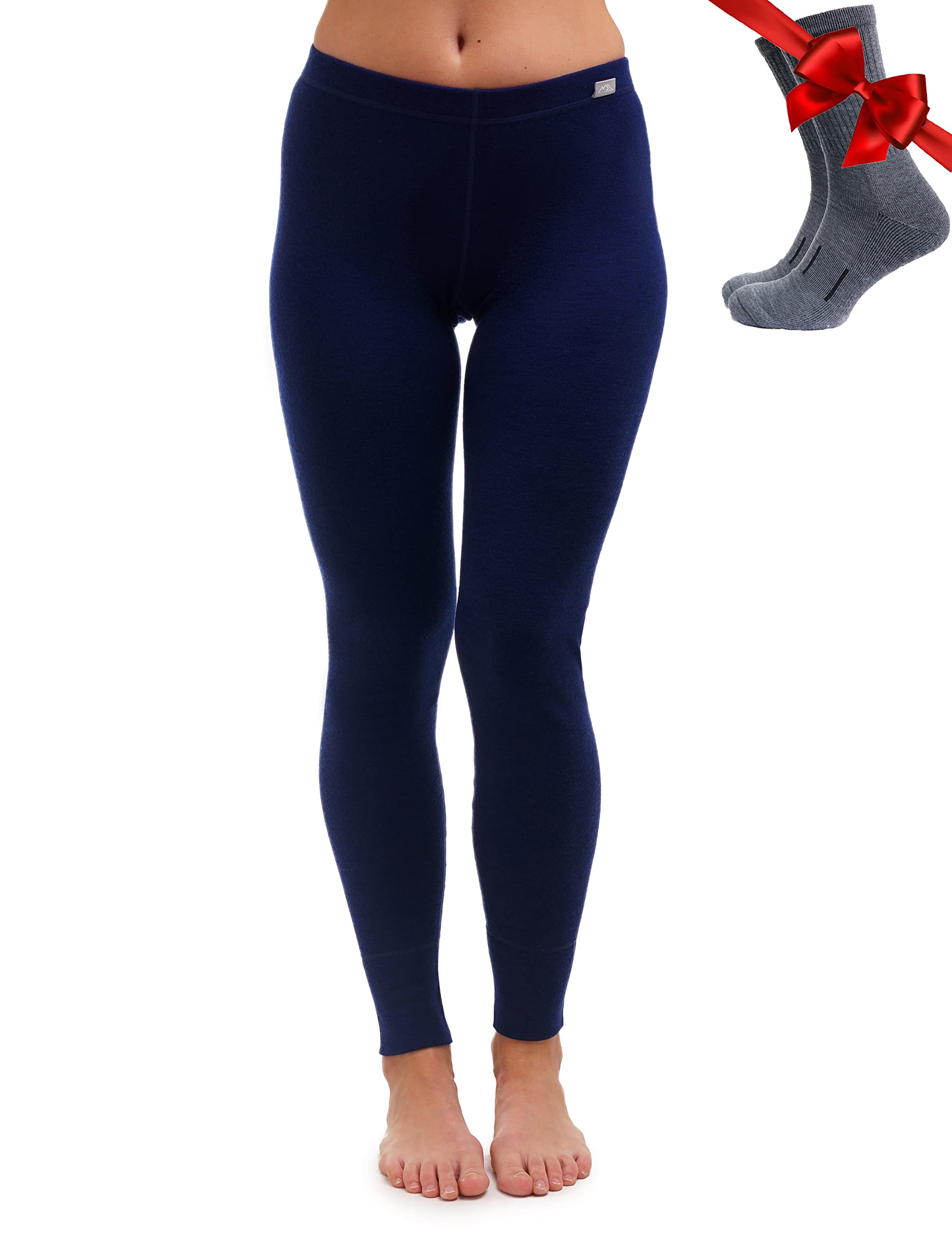 Merino.tech Merino Wool Base Layer Womens Pants 100% Merino Wool Leggings Midweight Thermal Underwear Bottoms + Wool Socks (XX-Large, 250 Navy)