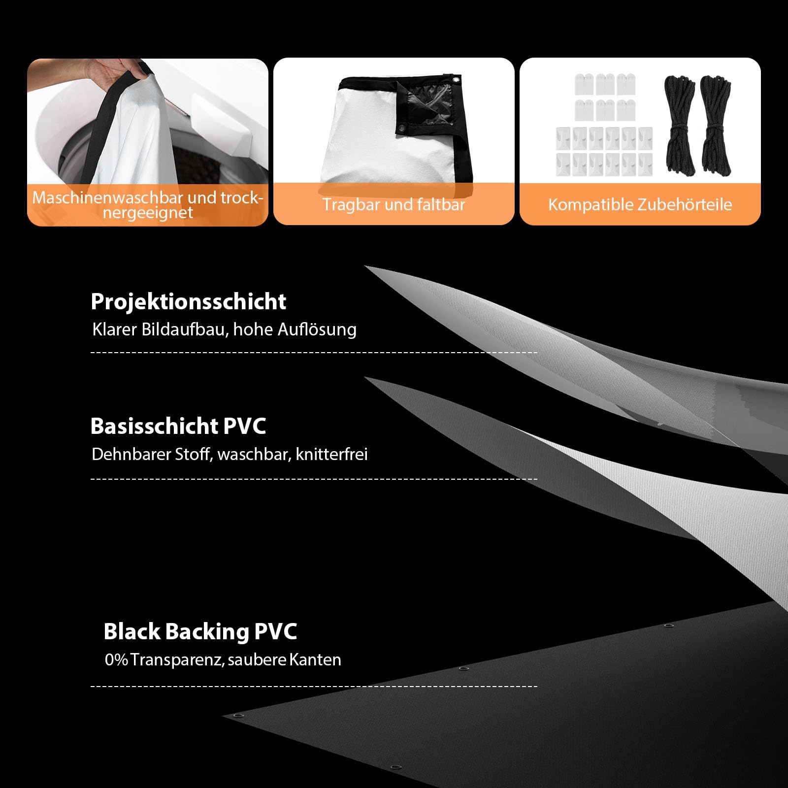 120 Zoll Beamer Leinwand Outdoor: VOOPVOR Projektionsleinwand Faltbar & Tragbar mit Tragetasche - 16:9 Schwarz, Lichtundurchlässig, Waschbar & Knitterfrei - Ideal für Heimkino und Kinoerlebnis