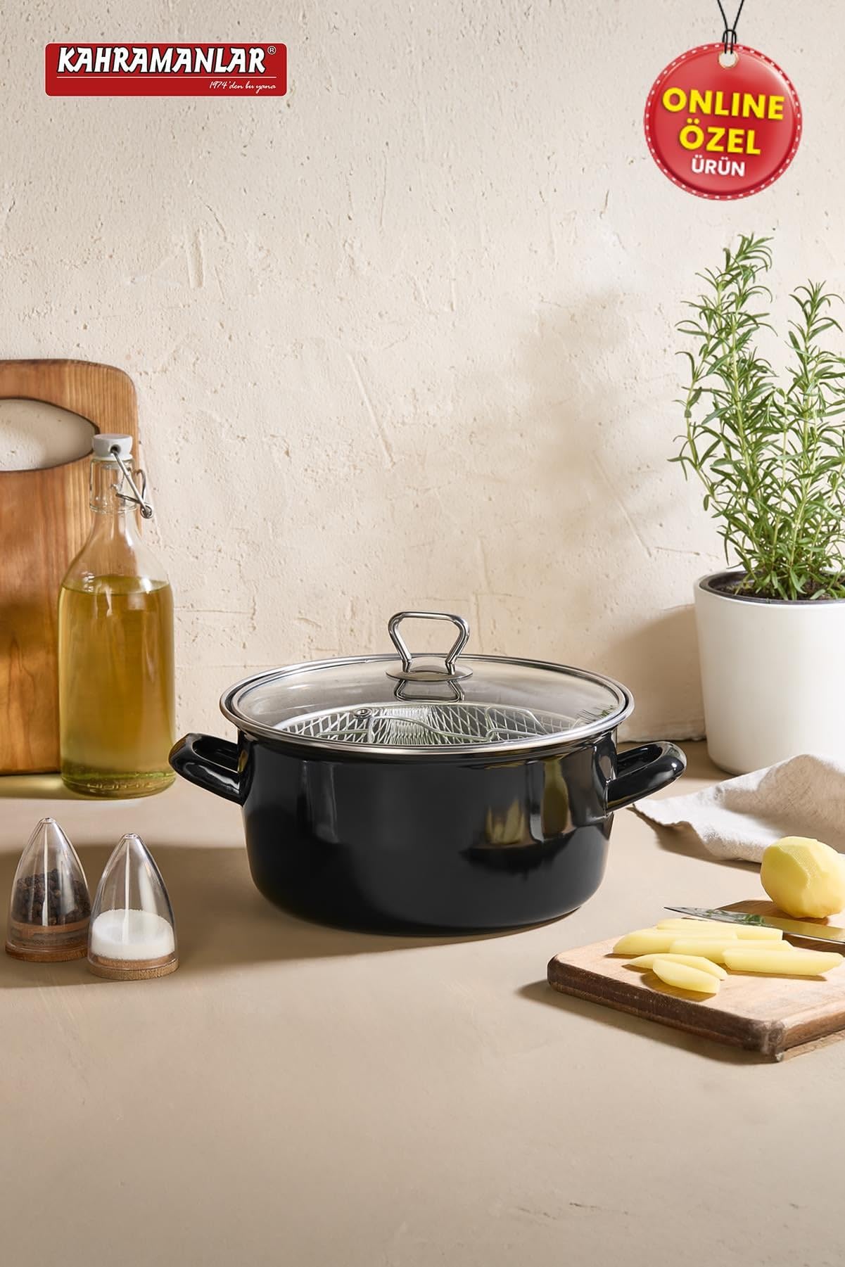 Kahramanlar Cips Chef 22 Cm Emaye Kızartma Tenceresi Cam Kapaklı