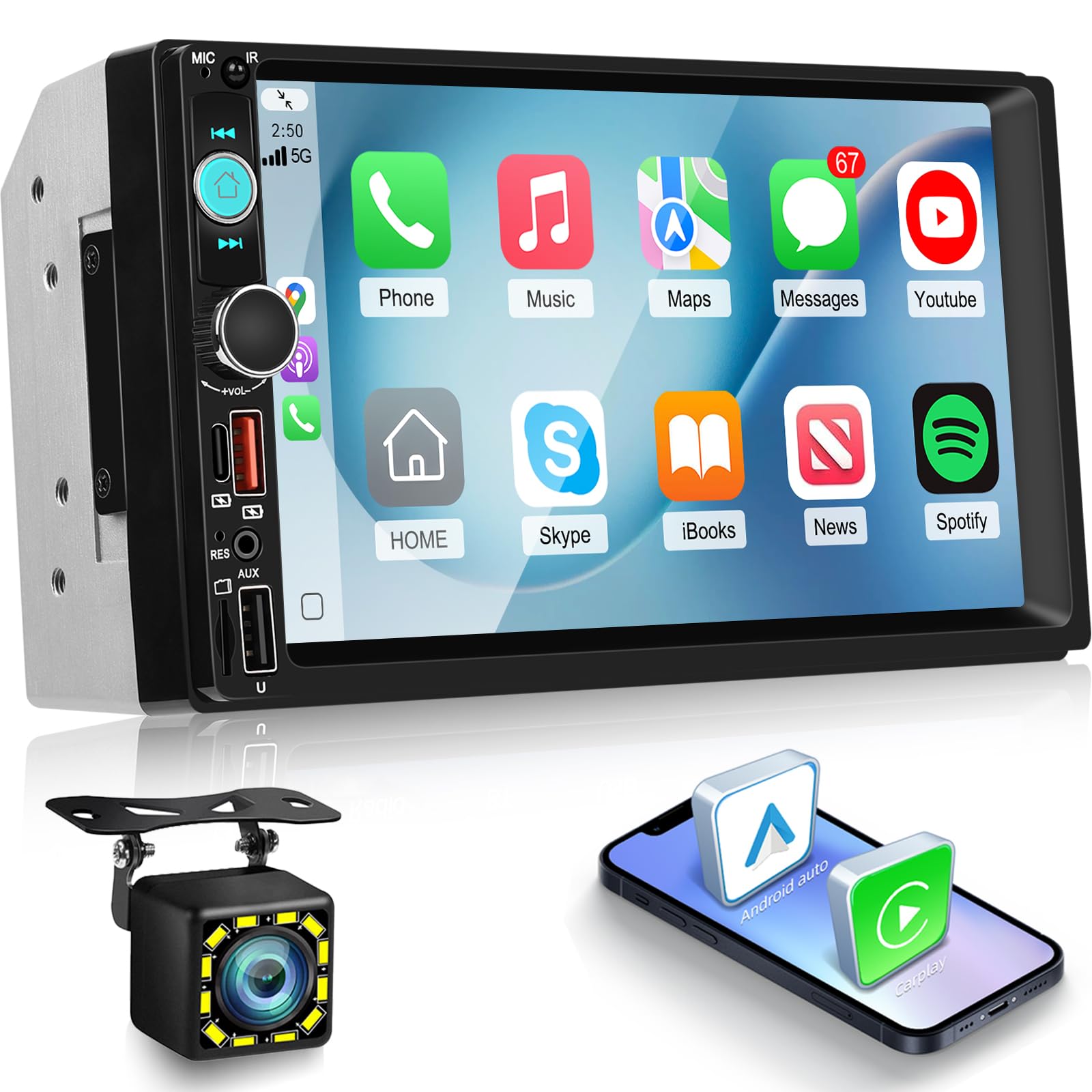 NHOPEEW Autoradio 2 Din da 7 pollici con Carplay wireless e Android Auto - Radio doppio Din con supporto comandi al volante, FM, video online, doppia porta USB, AUX tipo C + telecamera di retromarcia