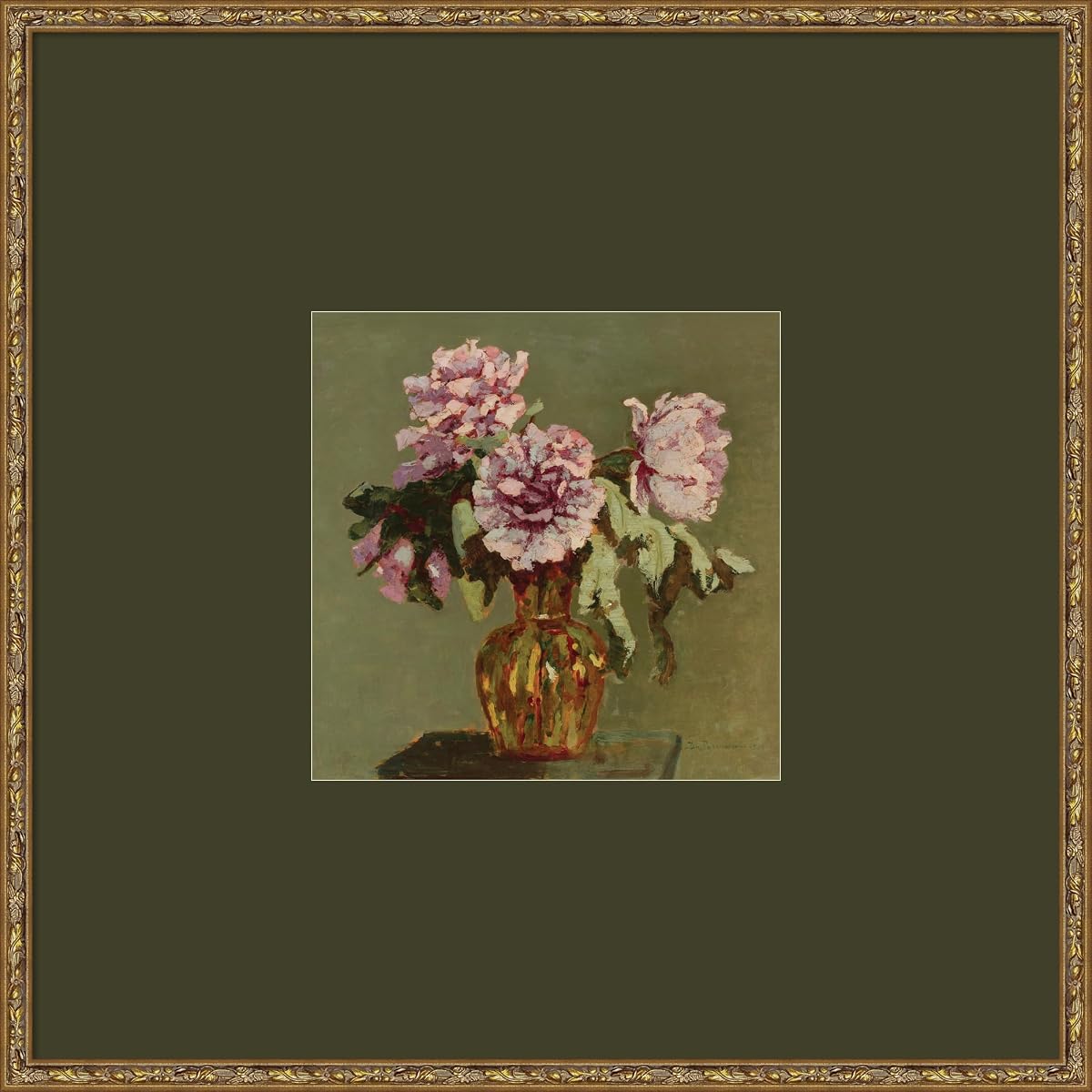 Impresión enmarcada de pared con peonías y florero de Nostalgia Prints, 25 x 25, marco de bronce Belvedere, arte tradicional de naturaleza muerta para decoración de pared