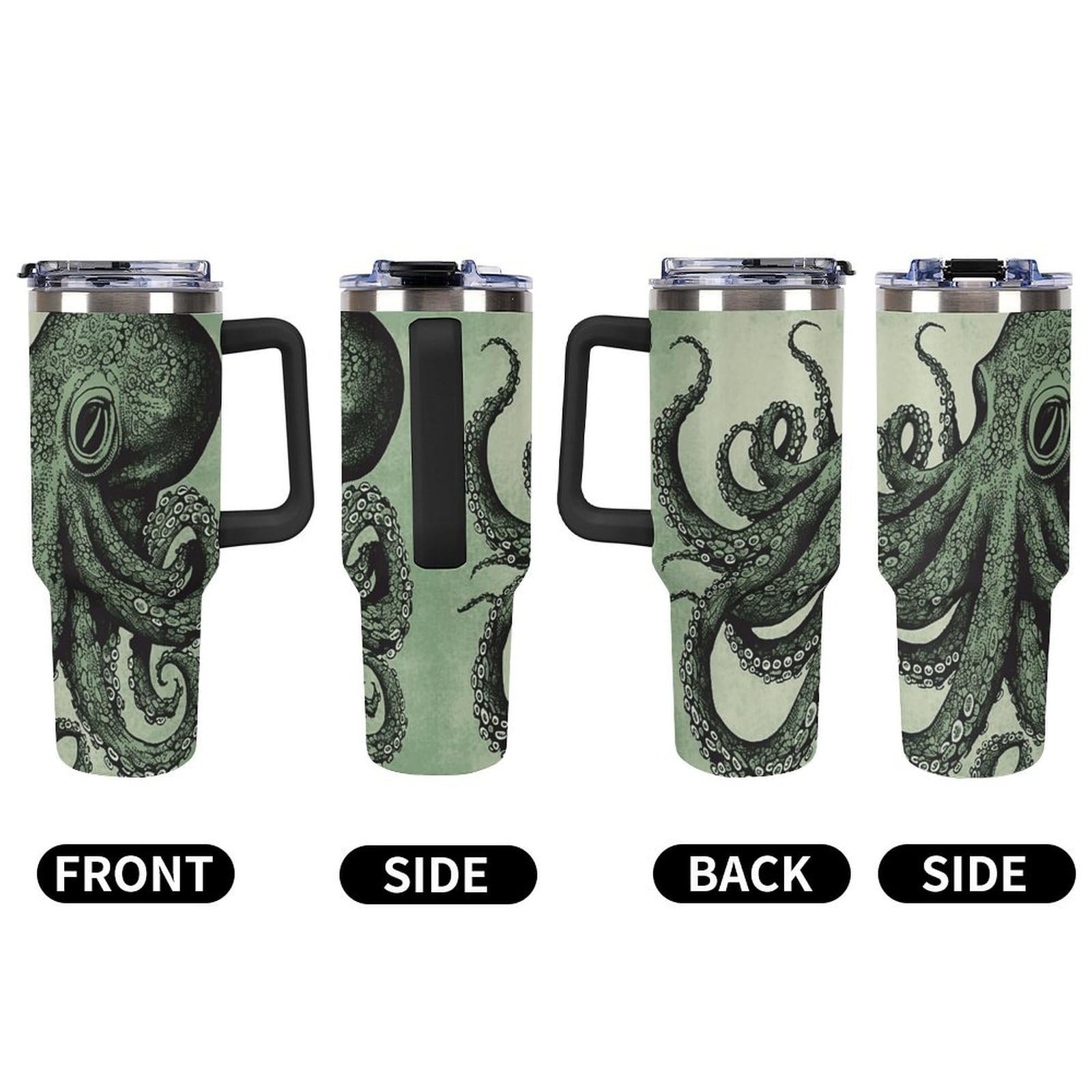 Autobecher aus 304 Edelstahl, 1,2 l, grüner Oktopus-Becher mit Strohhalm und auslaufsicherem Deckel, großes Fassungsvermögen, vakuumisolierter Reisebecher für Auto-Becherhalter
