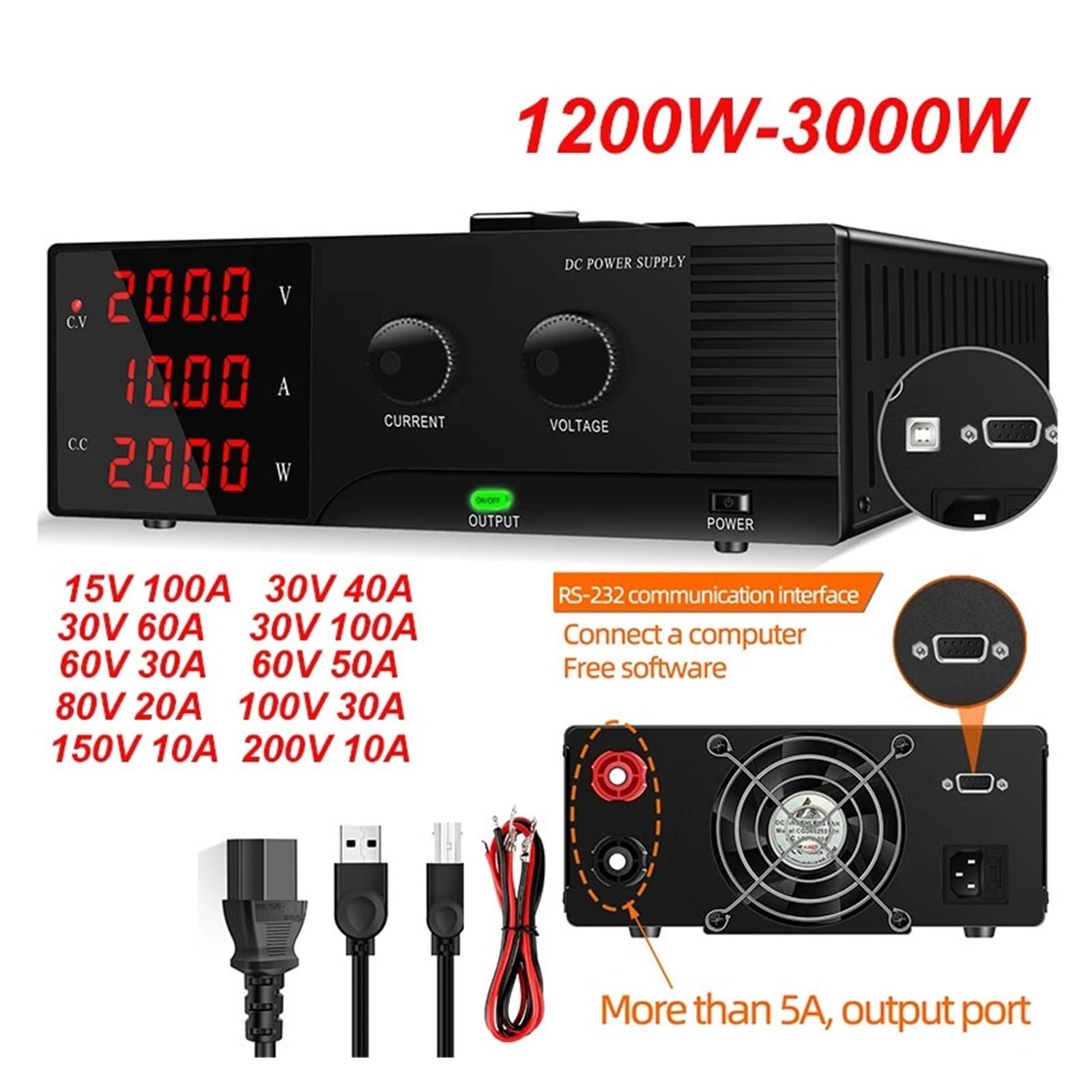 Zasilacz laboratoryjny DC o mocy 3 kW, regulowany, z regulacją napięcia i sterowaniem programowym RS232, napięcie od 15 V do 200 Z funkcją pamięci(60V 30A 1800W)