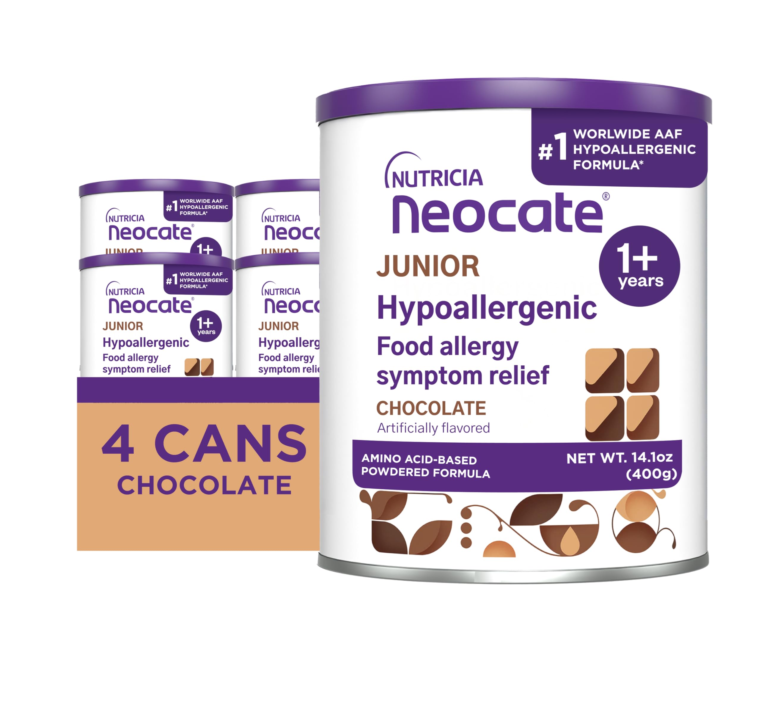 Junior - 1+ years - Hypoallergenic Toddler Formula for Food Allergy Relief - Nutritionally Complete Dairy Free Formula - Chocolate, 14.1 oz (4-Pack)