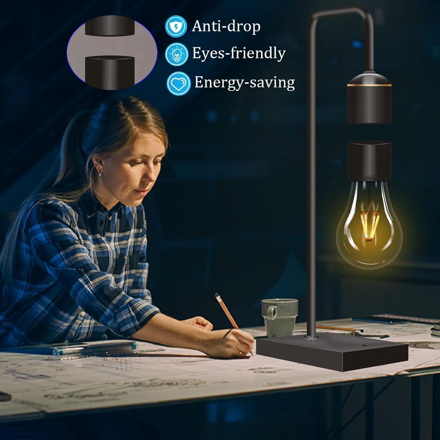 Magnetic Levitating Light Bulb Levitation Plastic Black Table Lamps Zero-Gravity Warm White LED Night Light Floating Lamp for Bedrooms Decoration Office Desk Toys Cool Festival Gifts