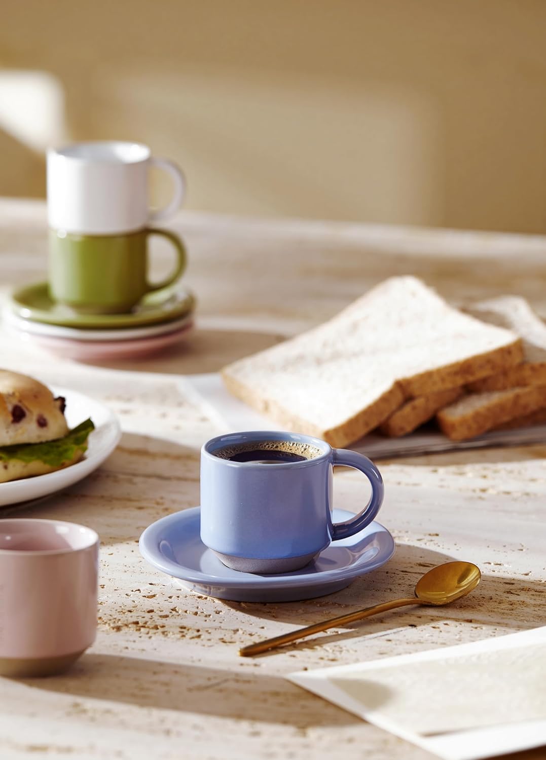 Oak Espresso Cups Set of 4, 3 oz Demitasse Cups, Modern Style, Multi Colors, Microwave & Dishwasher Safe(Pastel)