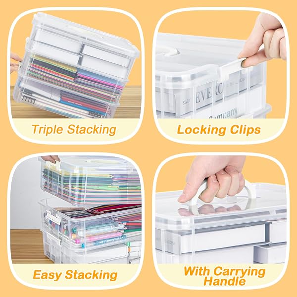 Creahaus 3 Layer Plastic Stackable Storage Boxes with Lid & Carry Handle,Storage Containers Multipurpose Portable Clear Organizer Carry Box for Organizing Art Craft,Sewing, Bead, Tool (Whter - 4