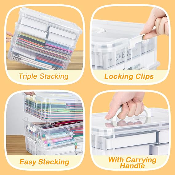 Creahaus 3 Layer Plastic Stackable Storage Boxes with Lid & Carry Handle,Storage Containers Multipurpose Portable Clear Organizer Carry Box for Organizing Art Craft,Sewing, Bead, Tool (Whter