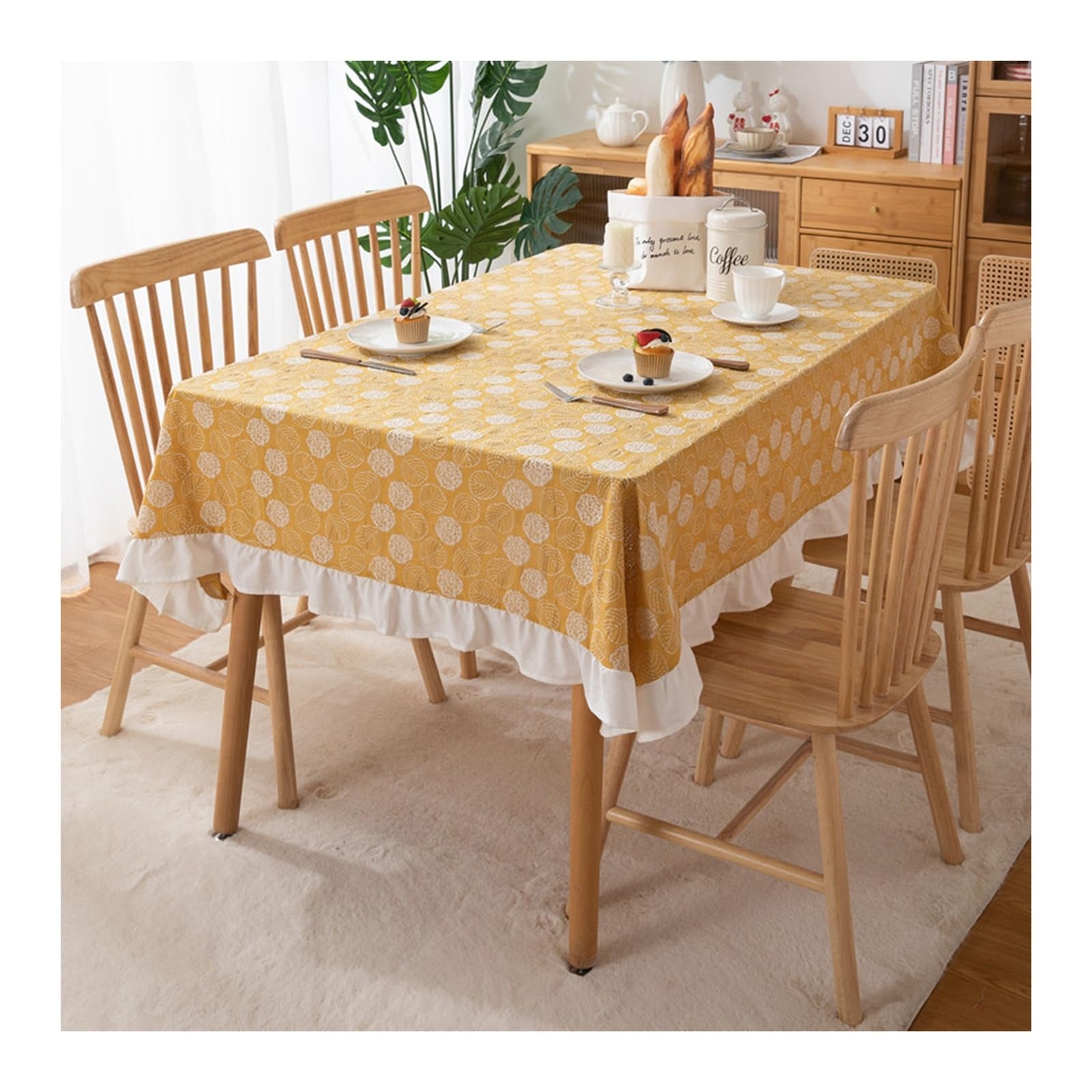 Nappe 140x260cm KnSam en coton brodé jaune avec volant anti-taches