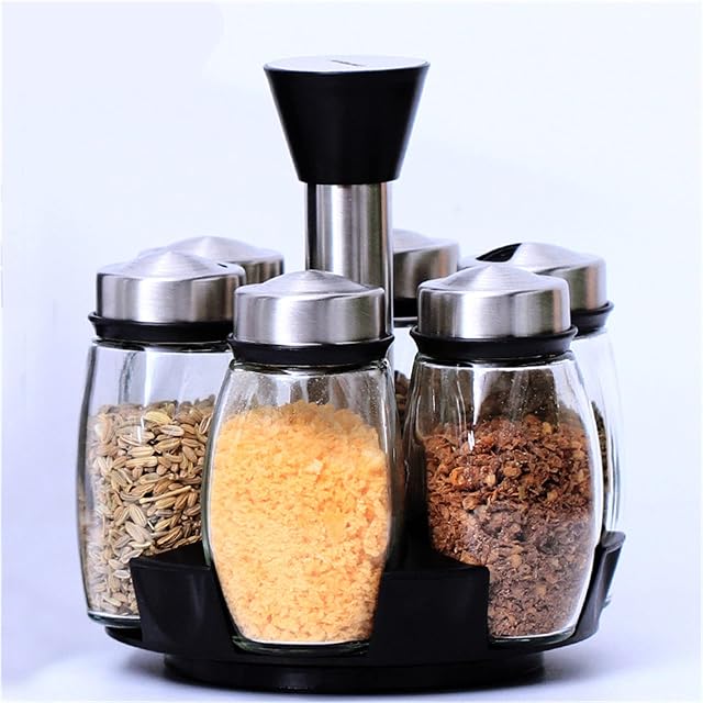 MKNZOME Herb and Spice Rack with 6 Glass Jar Bottles - Revolving Countertop Carousel Herbs and Spices Set for Kitchen Counter