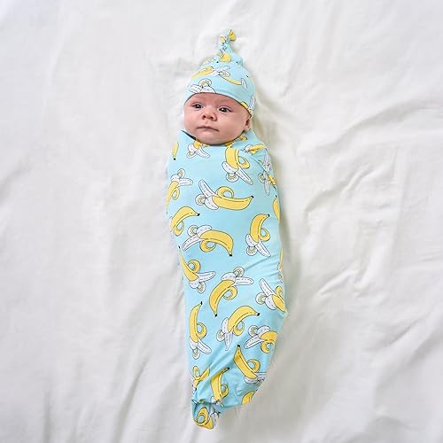 Miniatura 4 de Little Sleepies Juego de manta para envolver y sombrero, pañales para bebés recién nacidos, viscosa suave de bambú (plátanos)