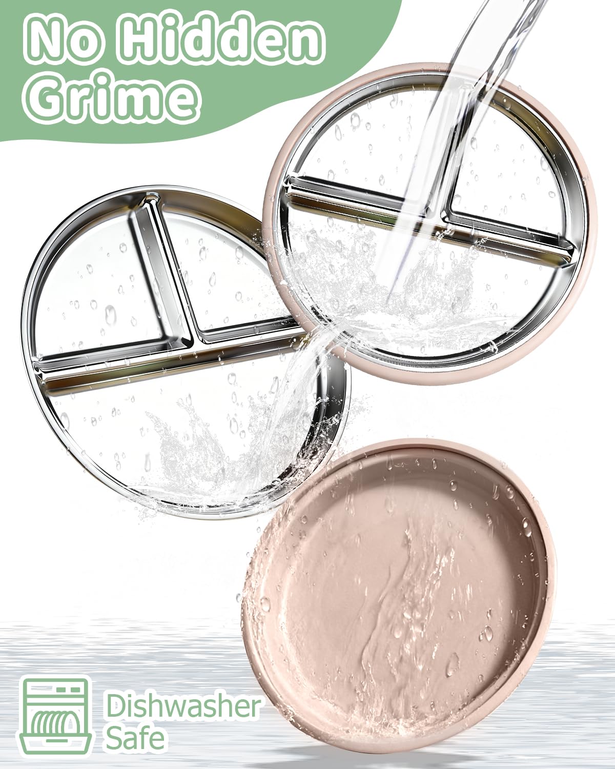 2 piatti per bambini in acciaio inox con grande ventosa, diametro 20 cm, con custodia in silicone rimovibile, lavabili in lavastoviglie, atossici e senza BPA (verde bianco)