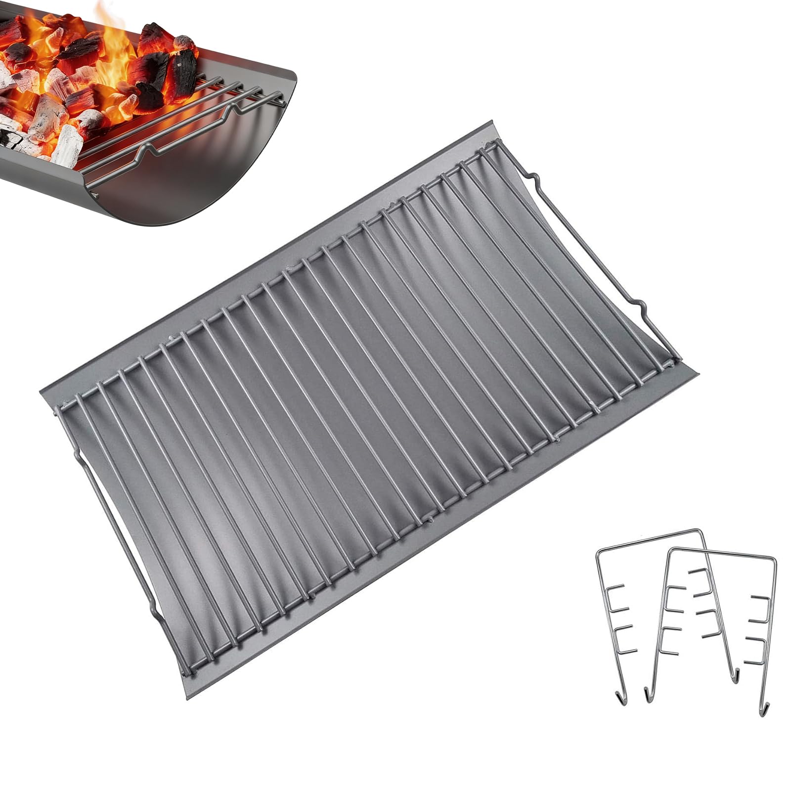 LS'BABQ 20" Ash Pan Charcoal Grill Replacement Parts with 2 PCS Fire Grate Hangers for Chargriller 5050, 5072, 5650, 2123 Charcoal Grills, Aluminized Steel for Chargriller MODEL #200157(20.4" x 12.8")