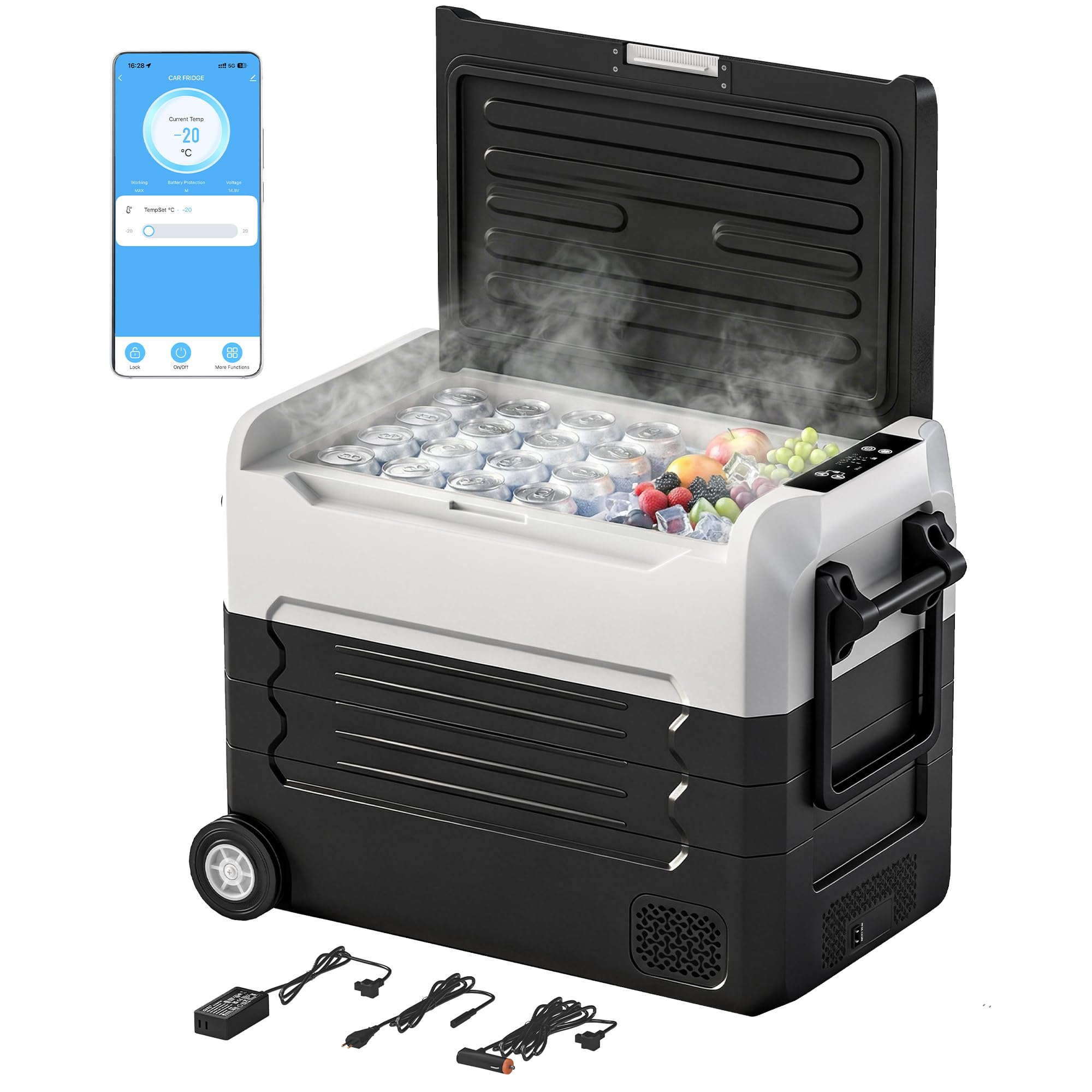 Outsunny Frigorifero Portatile per Auto 50L a Doppia Zona con Compressore, Frigo Elettrico Anti-Shock, APP Bluetooth, Ruote, Maniglia Pieghevole, 12V/240V, -20°C a 20°C, per Campeggio Camion Barca