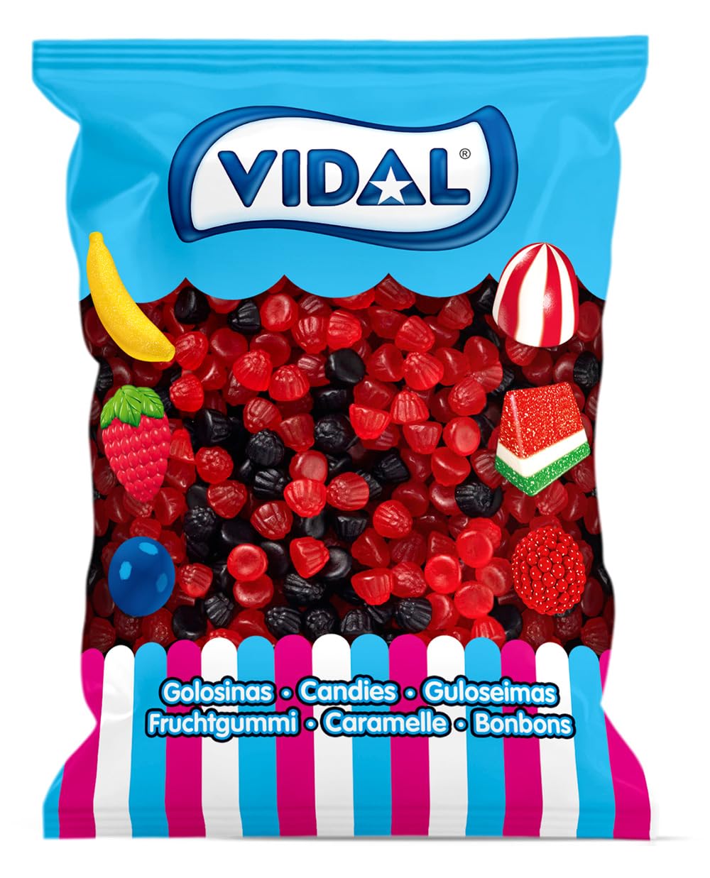 Vidal Golosinas Moritas Brillo Caramelos de goma mora brillante sabor intenso rojo negro sin gluten bolsa 645 u